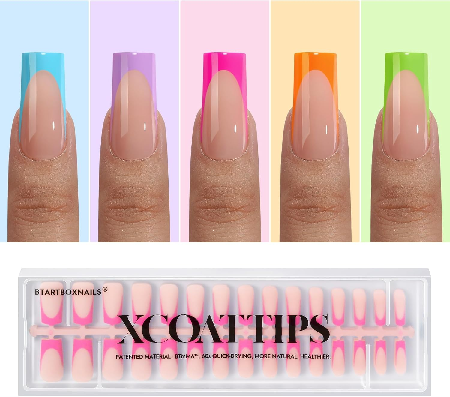 Btartboxnails XCOATTIPS Press on Nails - French Tip Nails Long Sqaure, Brighter Pastel Soft Gel Nail Tips False Nail, Soak off Acrylic Fake Nails Art Home DIY image number 4