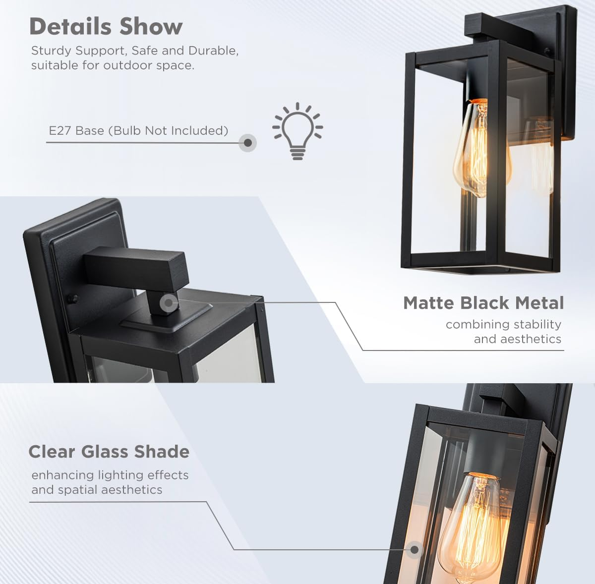 FTL 1Pack Outdoor Wall Light Exterior Waterproof, Matte Black Modern Outdoor Wall Mounted Lantern Light with Clear Glass, Porch Light Outdoor Max 60W, IP44 Garden Wall Light for Doorway,Patio,Garage image number 5