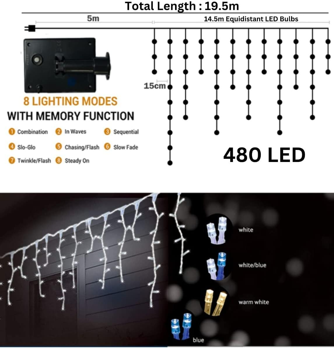 360 LED(10.8M)/480 LED(14.5M) Solar Icicle Christmas Lights with 8 Functions (Warm White, 14.5) - Blue image number 4