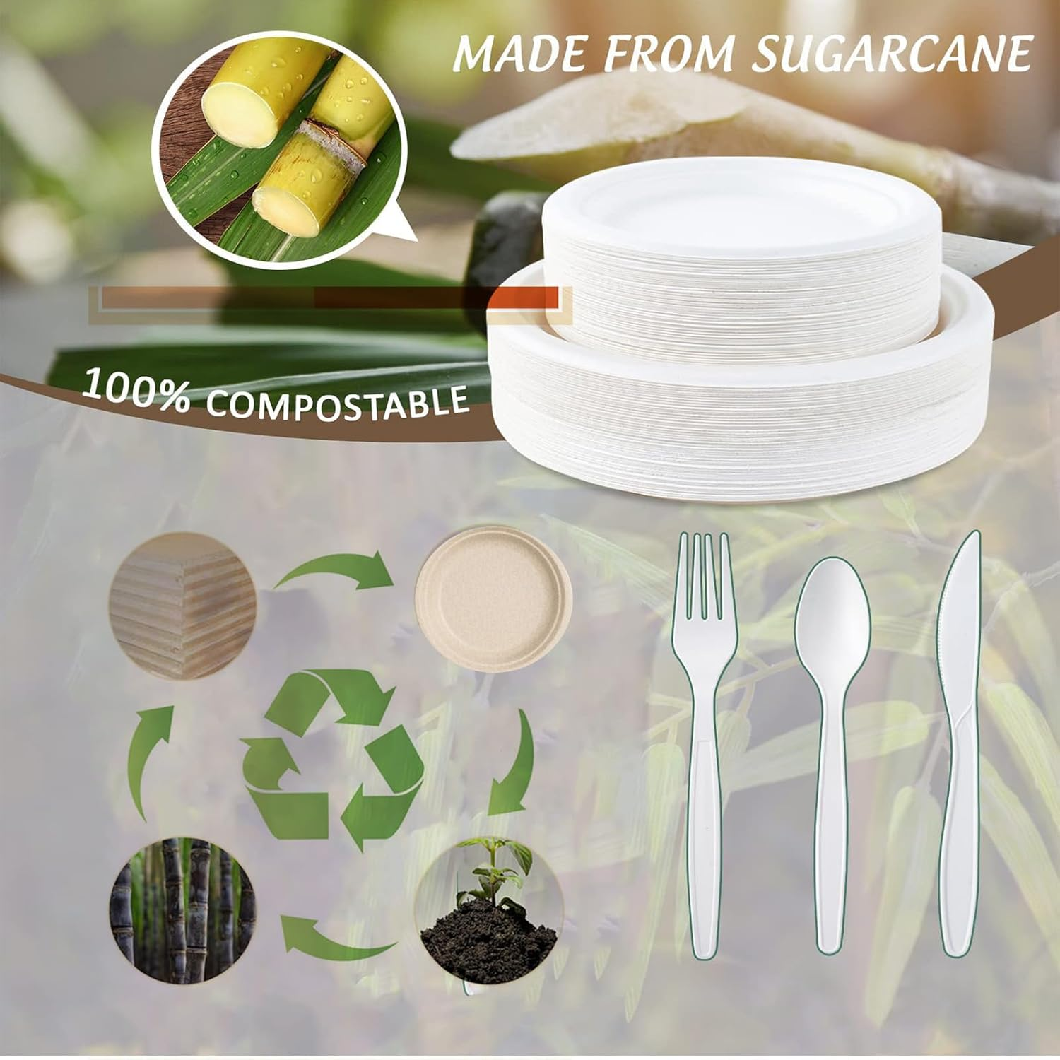 450PCS Biodegradable Dinnerware Set, Eco-Friendly Party Set for Party Supplies, Wedding, Anniversary, 7/9 Inch Plates, Napkins, Straw, Cups, Spoons, Forks and Knives (50 Guests) image number 4