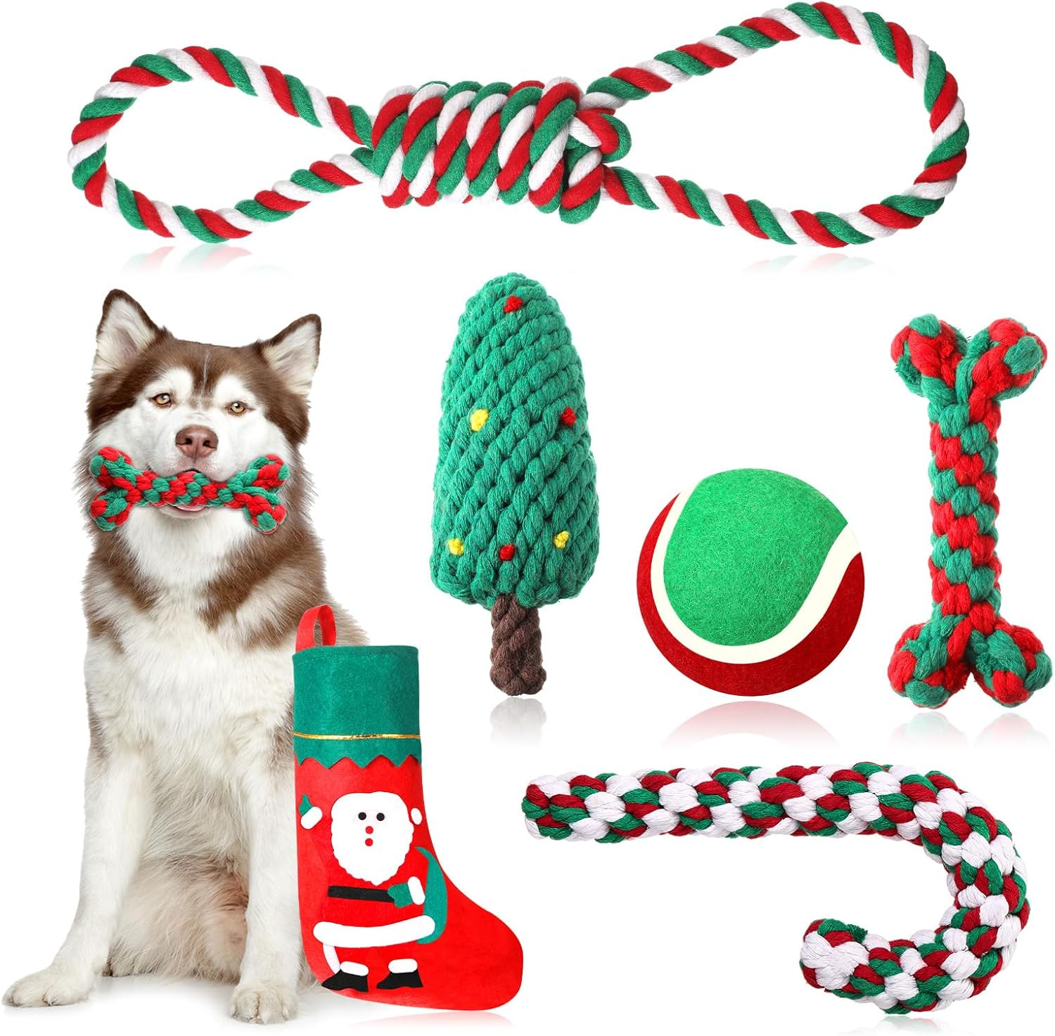 Xuniea 6 Pcs Christmas Dog Chew Toys Dog Rope Toys Pet Chew Training Toys Candy Cane Bone Tree Shape Knotted Ropes Assorted Styles for Small Medium Large Dog Puppy Pet Christmas Favors (Cute) image number 3