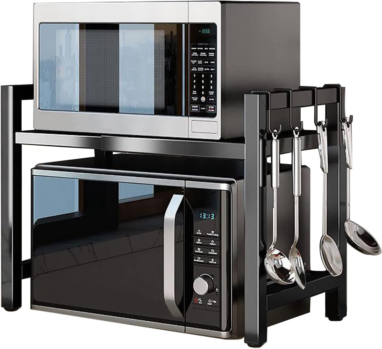 SZJUNXIAO Microwave Expandable Shelf 40-64 Cm, Oven Rack, Kitchen Organiser, Adjustable Width & Height Stand Counter with 4 Hooks (Black 1-Tier) image number 3