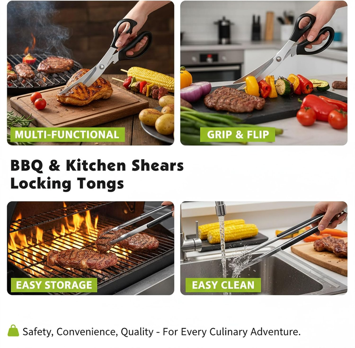 Kitchen Scissors and Tongs Set, Stainless Steel Multipurpose BBQ Shears for Cutting Meat, Chicken, and Vegetables, Non-Slip Serrated BBQ Scissors with Cooking Tongs for Grilling image number 3