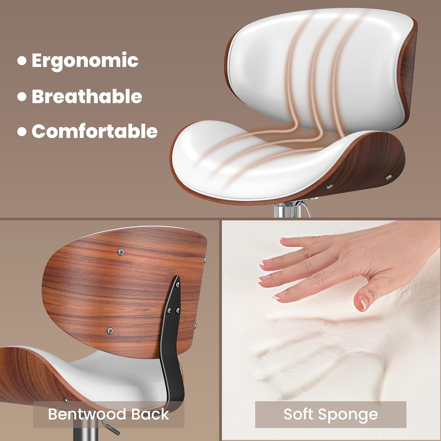 Bar Stools Set of 2, Bar Stools for Kitchen Island with Bentwood Back and Leather Seat, Swivel Barstools for Kitchen Counter, Bar, White image number 5