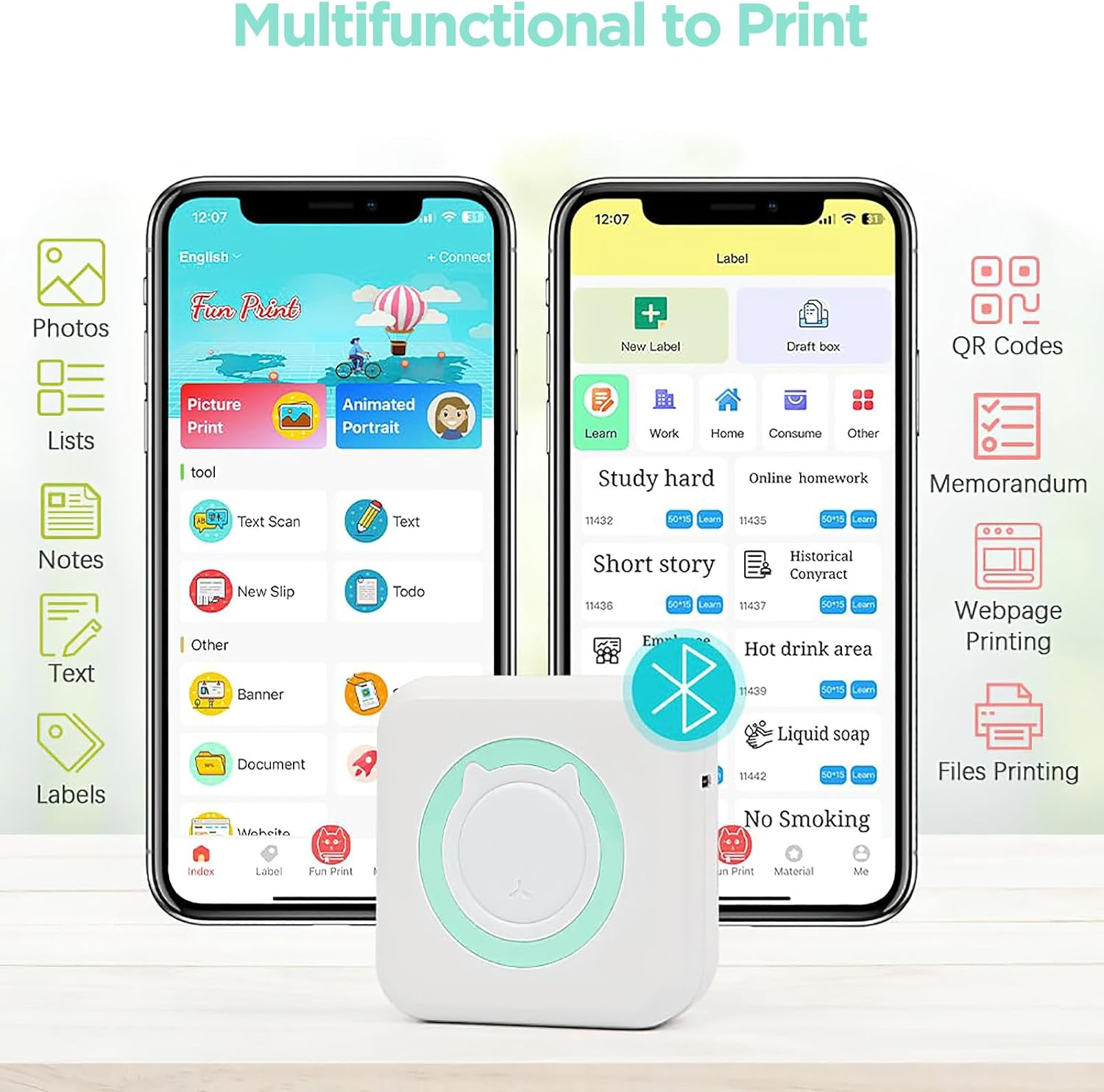 Print Pods Mini Printer Kits with 3 Rolls Printing Paper, 5 Rolls Self-Adhesive Paper, Watercolor Pens, Cartoon Stickers, Portable Bluetooth Phone Pocket Sticker Thermal Printer for Study, Photos, DIY image number 6