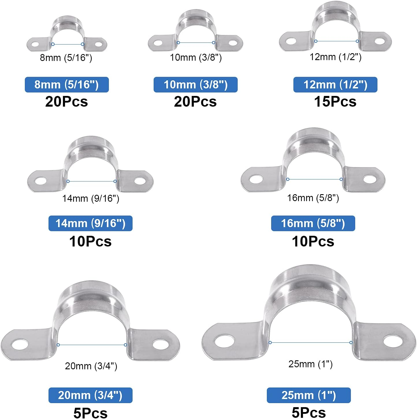 Glarks 85Pcs Pipe Strap Clamp Set M8 M10 M12 M14 M16 M20 M25 304 Stainless Steel Two Hole Strap Heavy Duty Rigid Pipe Strap U Bracket Tube Strap Assortment Kit for Pipe Tube Fixing image number 3
