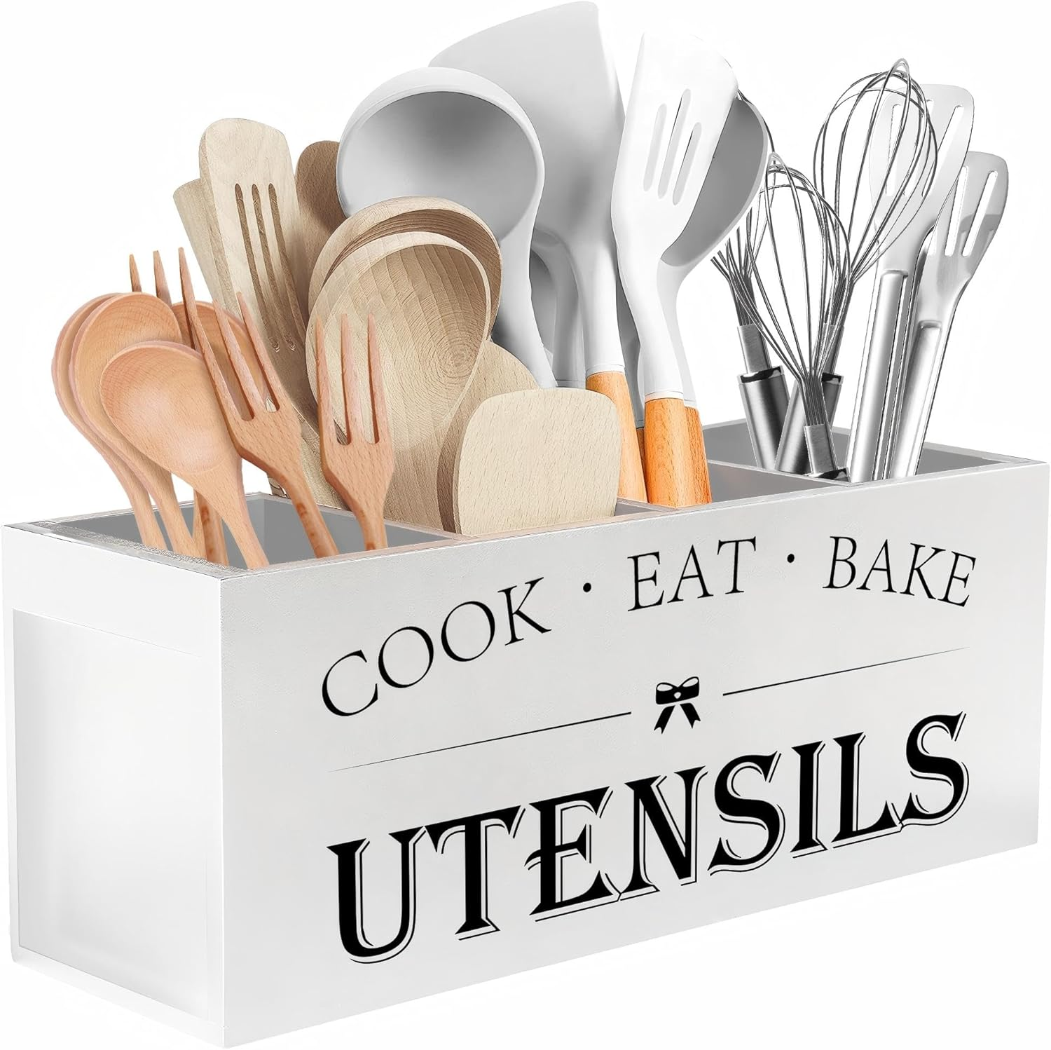 Suli Extra Large Kitchen Utensils Holder with 4 Compartments, Wooden Utensil Organizer for Countertop, Farmhouse Kitchen Decor, Rustic Cooking Utensil - White image number 1