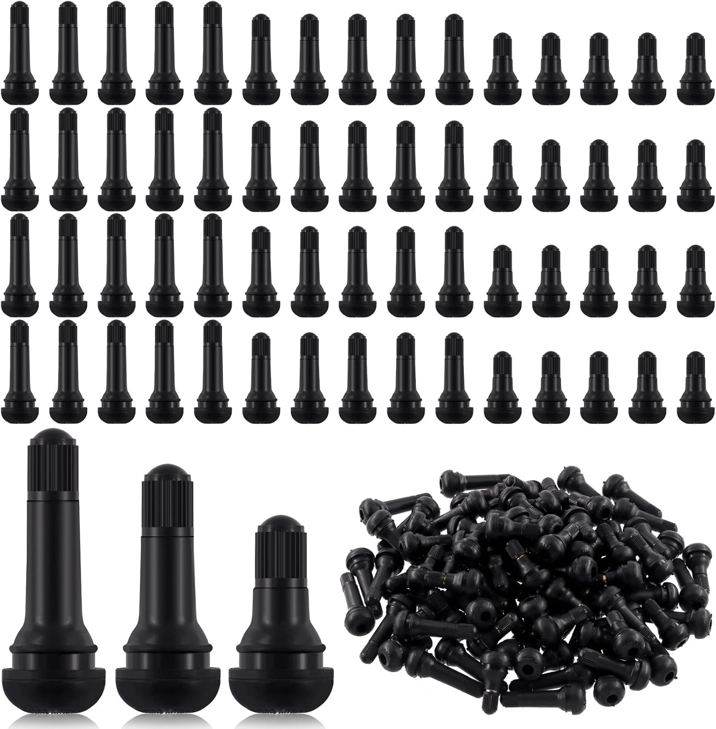 Tanstic 100Pcs Black Tire Valve Stems, Rubber Snap-In Valve Stem, Standard Length Replacement Tubeless Valve Stems for 0.453 Inch Rim Holes on Standard Vehicle Tires (TR412, TR413, TR414) image number 3