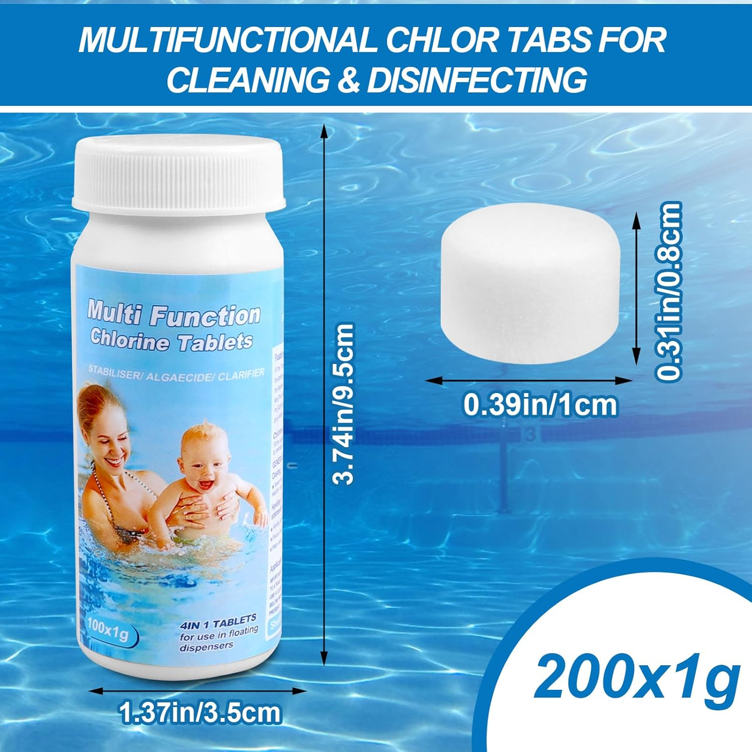 Pool Cleaning Tablets 200 Pieces for Pool, Water Tank, Hot Tub, Spa (C) image number 1