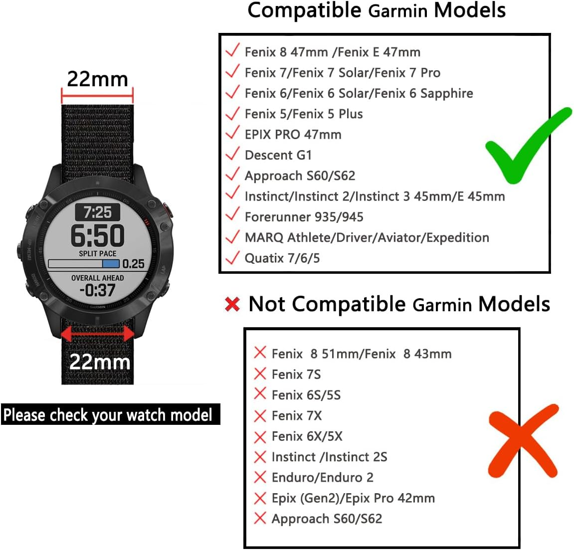 Hook and Loop Nylon Watch Band for Fenix 8 47Mm/Fenix E 47Mm/Fenix 7/Fenix 6/5/Instinct,22Mm Quick Dry Ultralight Sport Replacement Watch Strap for Garmin Epix Pro 47Mm,Instinct 3 45Mm