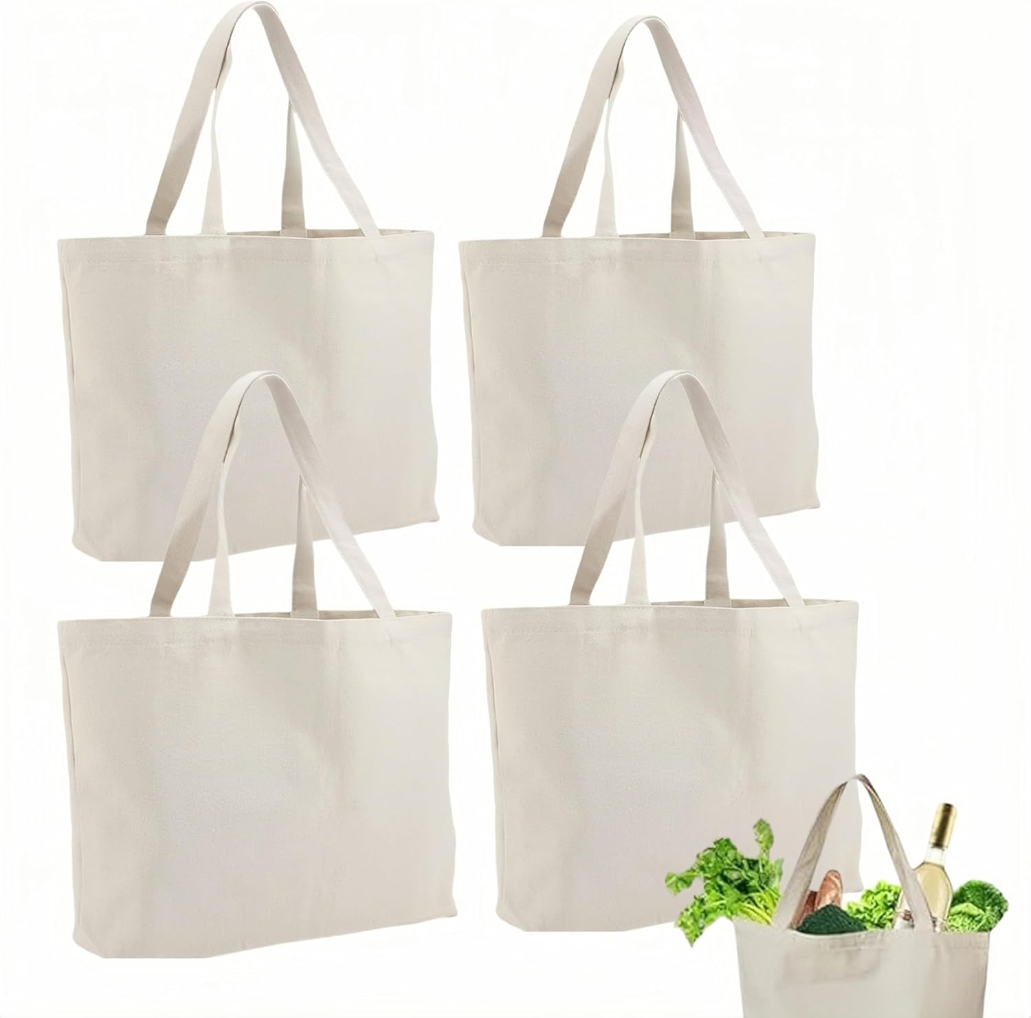 4 Pack Canvas Shopping Bags, Reusable Canvas Tote Bags, Large Shopping Bags, Lightweight and Washable, Multi-Purpose Blank Canvas Bags for Shopping, Grocery, DIY, Gift Bags, Etc. image number 6