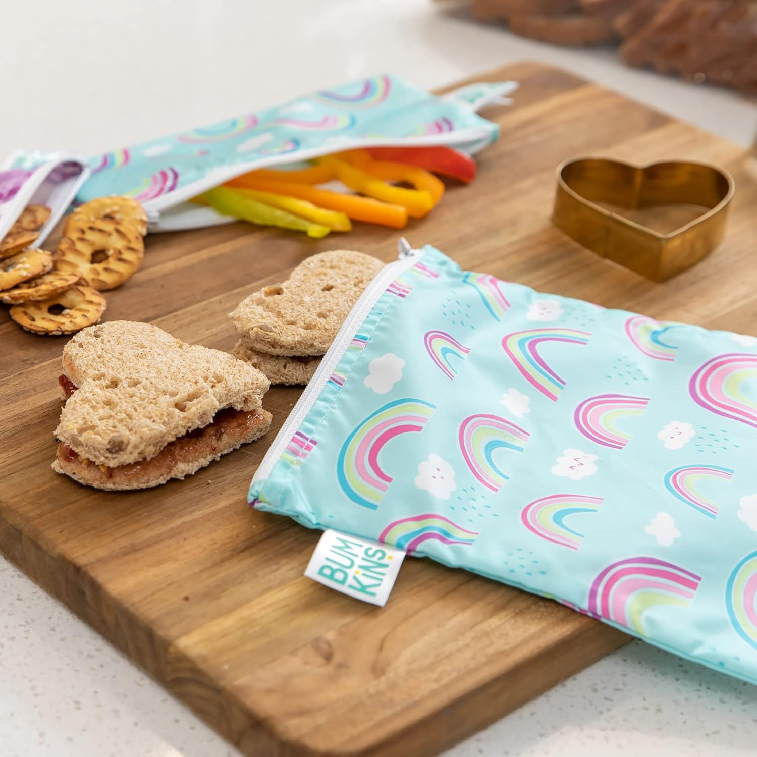 Bumkins Sandwich Bag/Snack Bag, Reusable Fabric, Washable, Food Safe, BPA Free, 7X7 - Rainbows & Unicorns (2-Pack) image number 1