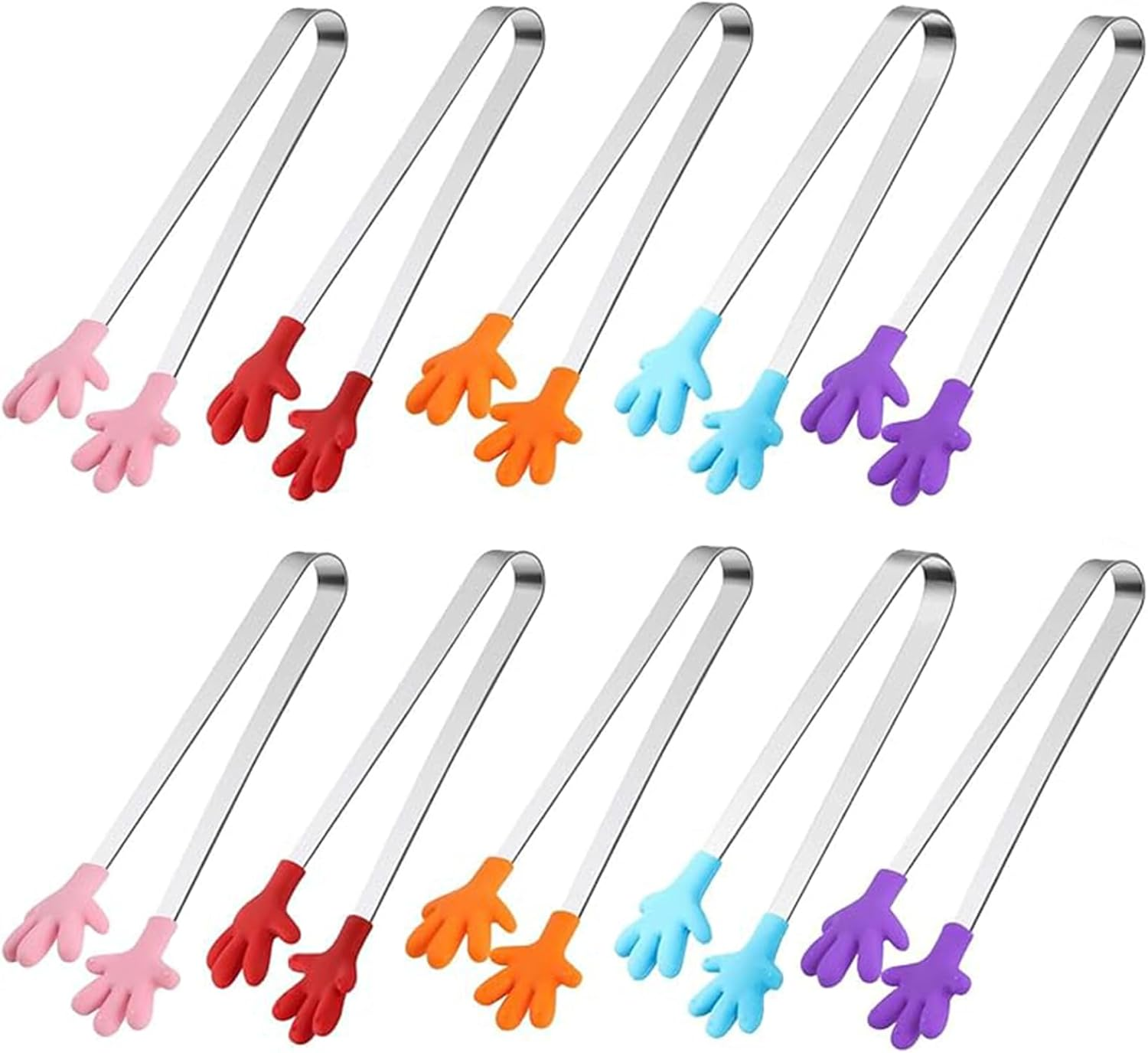 10PCS Silicone Mini Tongs (5.3 Inch), Hand Shape Kitchen Tongs for Food, Ice Cubes, Fruits, Desserts, Colorful Safe Serving Tongs for Appetizers & Barbecue (Hand Shape)