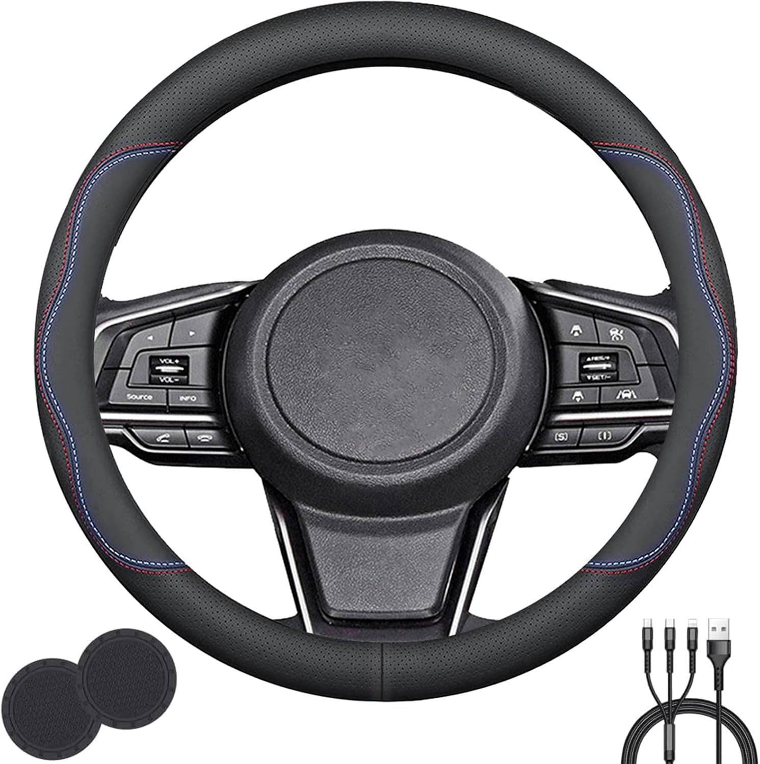 Steering Wheel Cover, Universal Premium Leather Steering Wheel Cover for Steering Wheel with a Diameter of 14.5"-15" with 2 Coasters and USB Fast Charging Cable (Style 1) image number 5