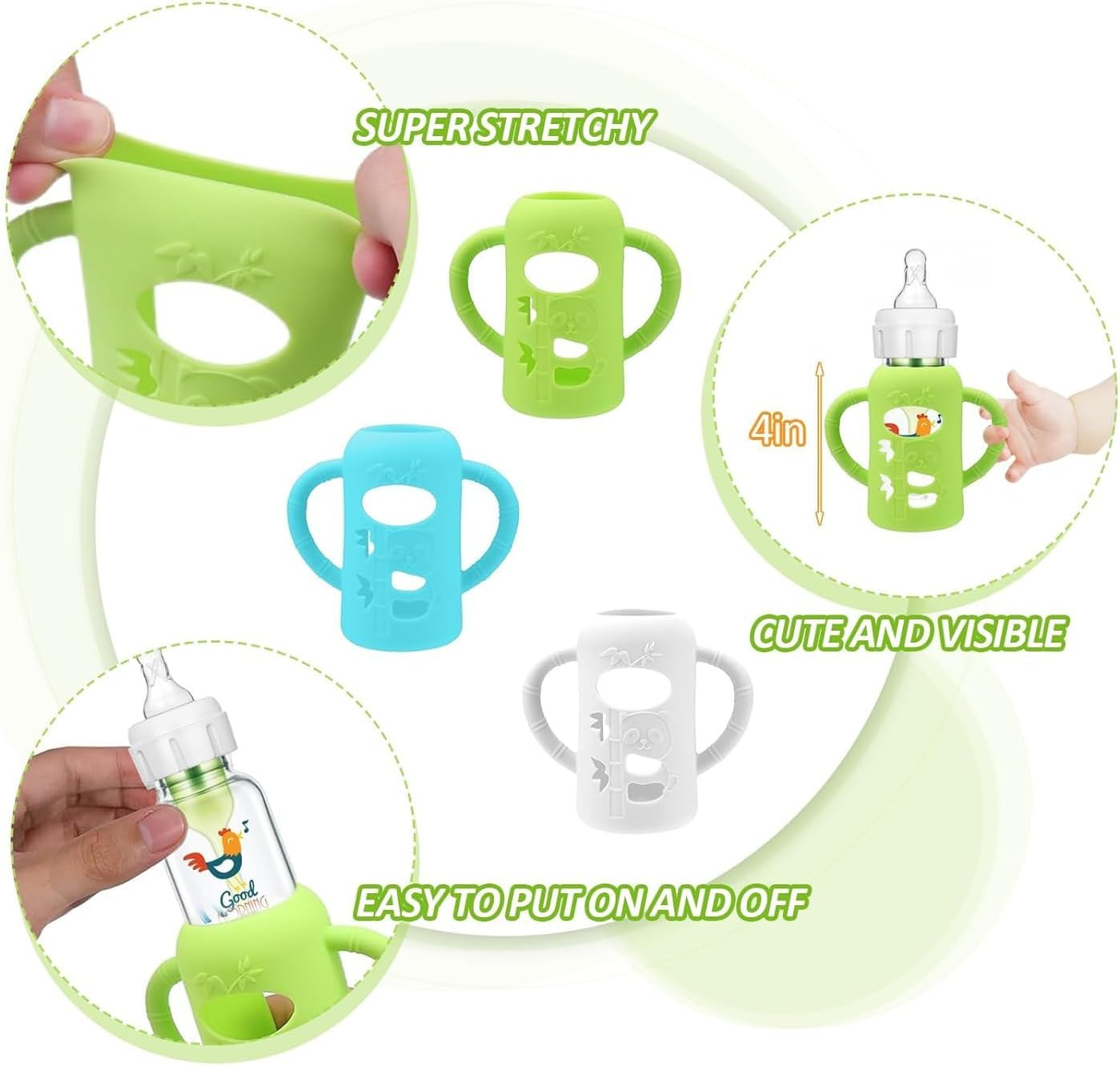 4 Pack Silicone Sleeves for Dr. Brown'S Glass Bottles 4OZ - anti Breakage Baby Bottle Holder, Compatible with Dr. Brown'S Glass Bottles for Babies (4OZ with Handle) image number 2