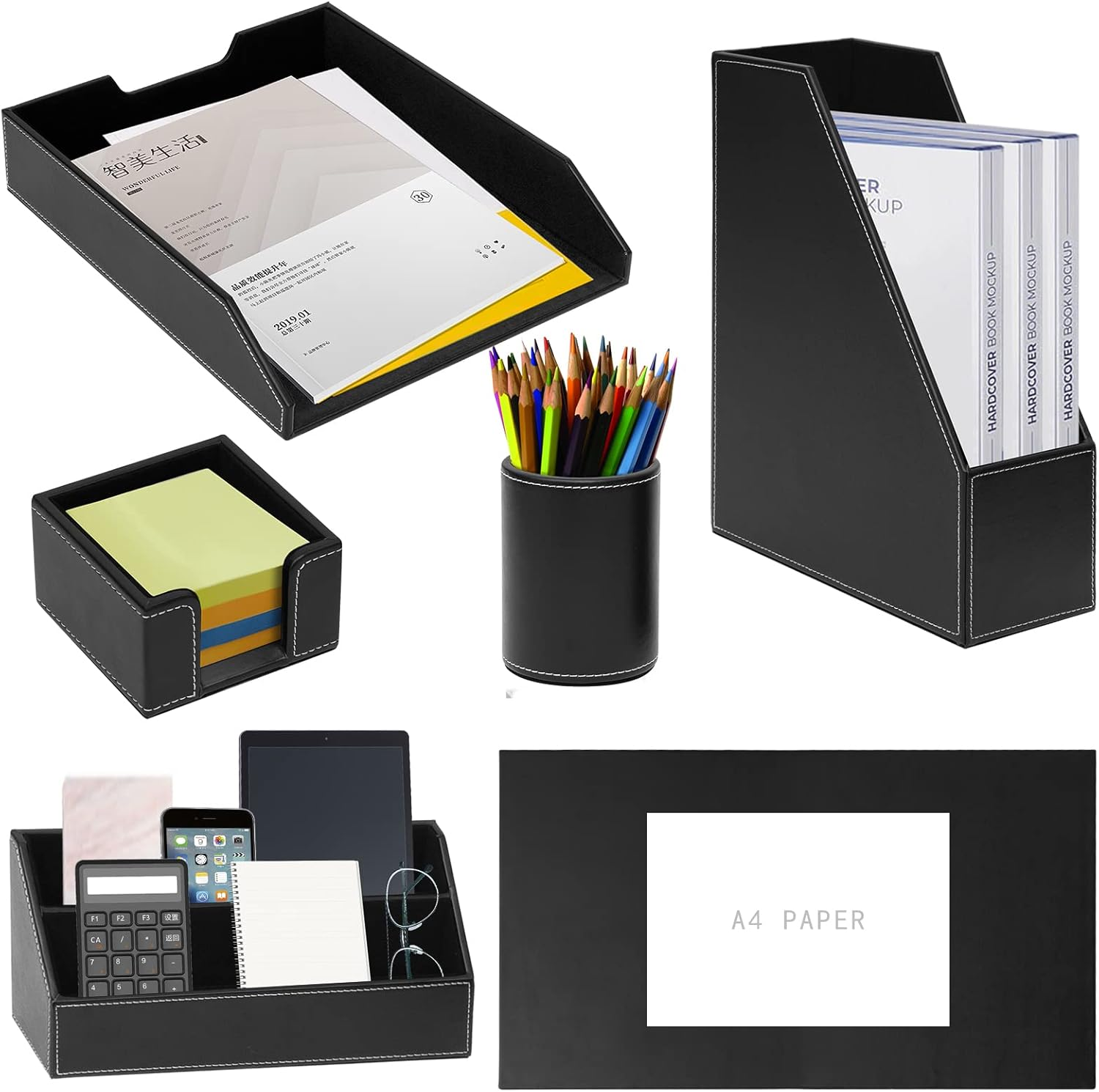 XNONE Office Supplies PU Leather 6-Piece Desk Organizer with Writing Pad, Letter Tray, File Folder Sorter, Pen Cup, Note Holder, Business Card Holder - Brown