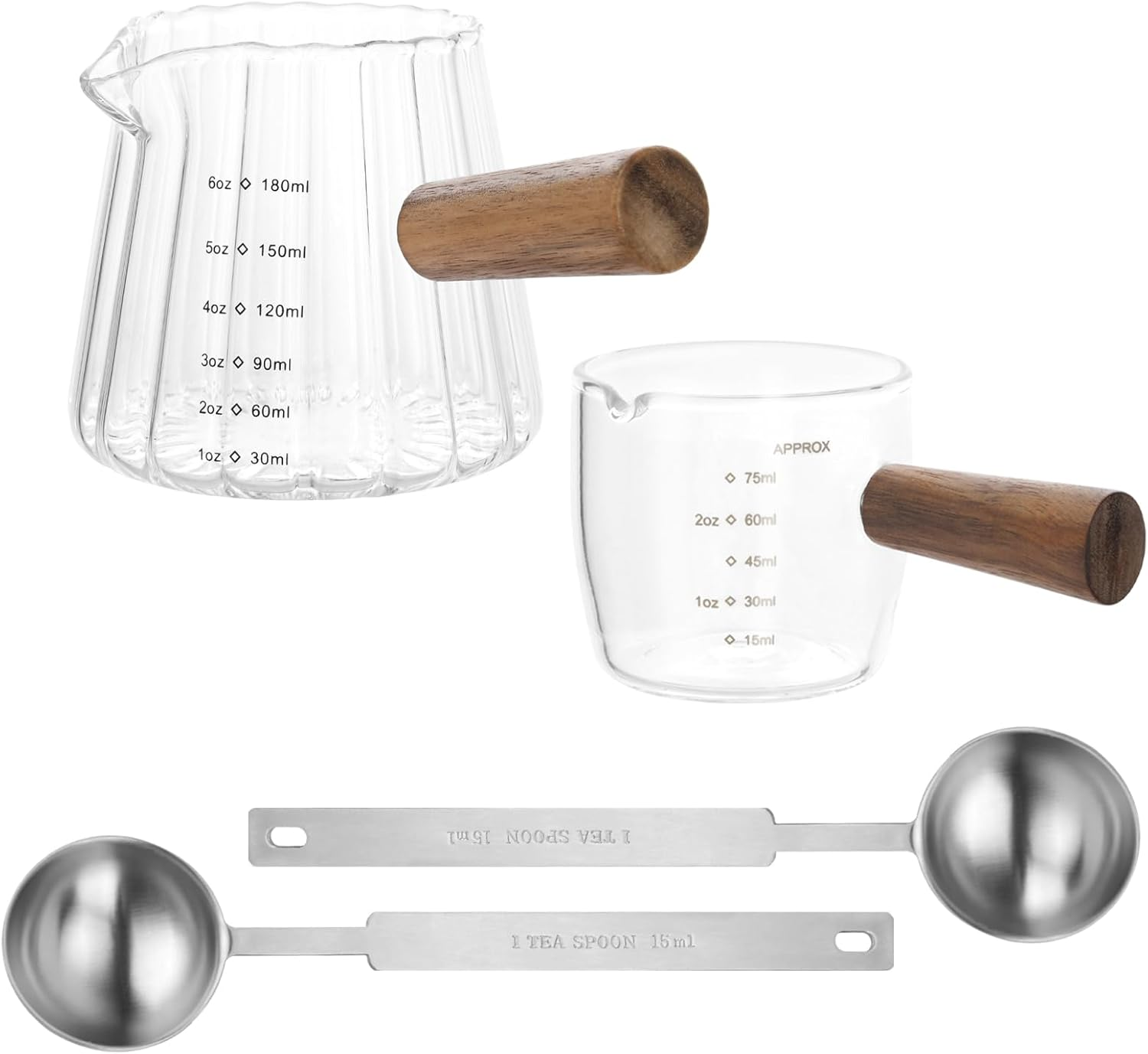 2 PCS Espresso Shot Glass with Coffee Measuring Spoons, Single Spout Glass Measuring Cup, Wood Handle, Dual Scale, Accessories for Coffee Milk (6Oz, 2.5Oz) image number 1