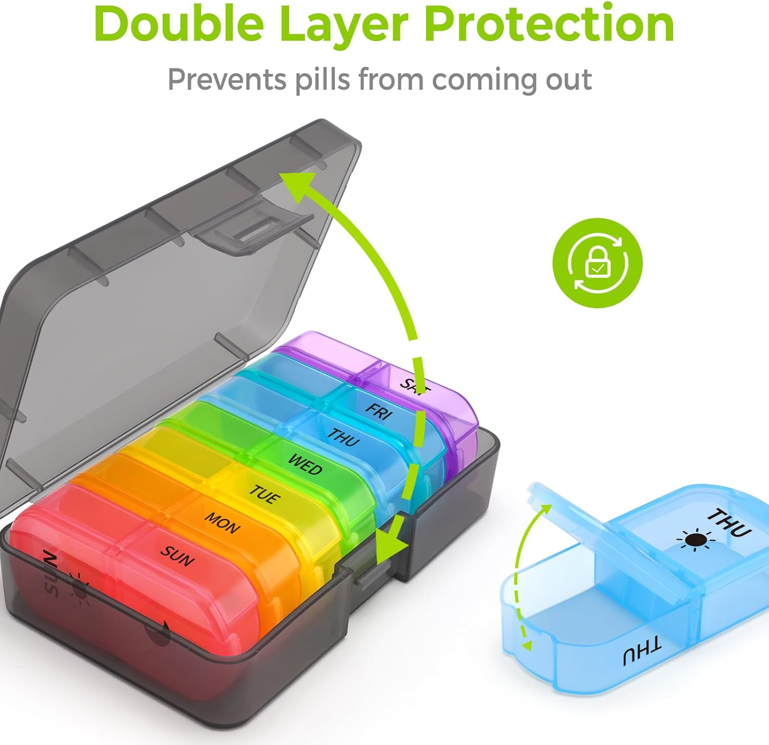 Opret Pill Organiser 7 Day, Weekly Pill Box 2 Times a Day for AM PM, Travel Tablet Organiser with 14 Large Compartments, for Vitamins Supplements Medication (Rainbow) image number 4