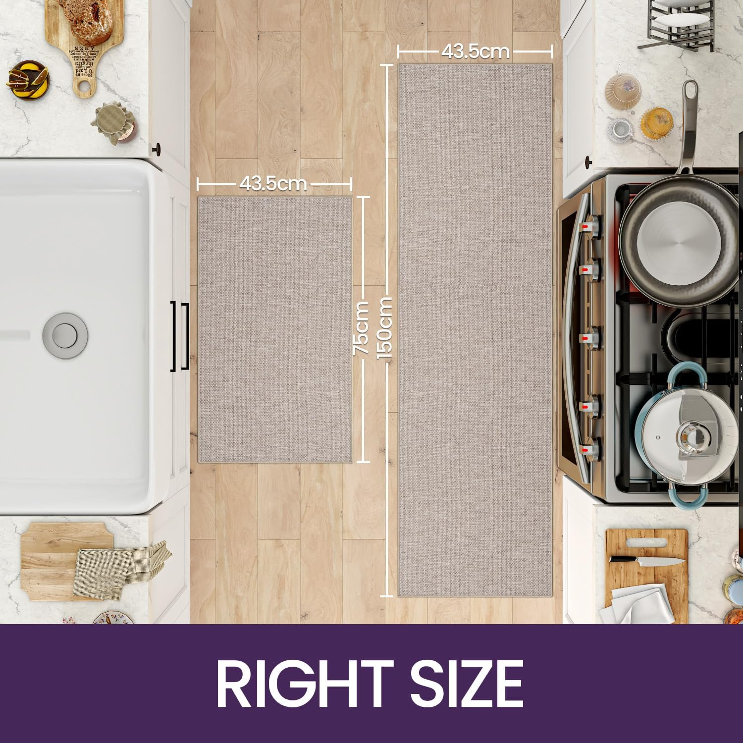 DEXI Kitchen Rugs and Mats for Floor, Non Slip Washable Absorbent Thin Woven Runner Rug for Front of Sink, Laundry Room, Hallway, 43.5X75Cm+43.5X150Cm, Beige - Grey image number 5