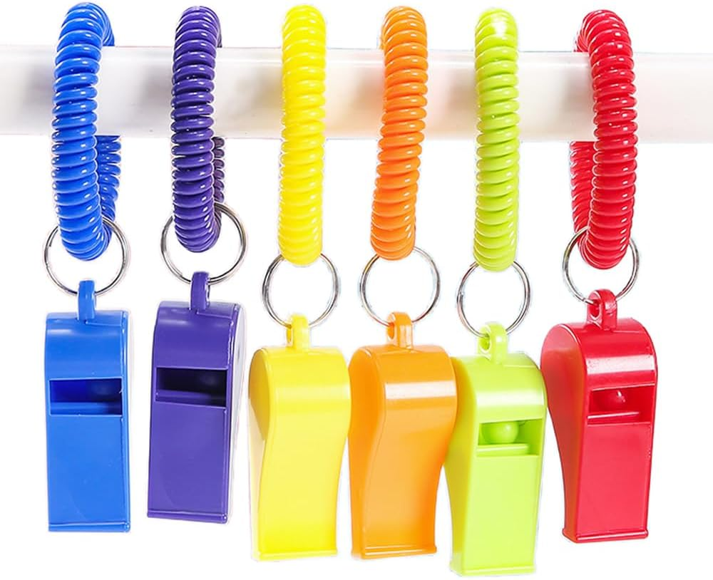 6 Pcs Loud Plastic Sports Whistles with Stretchable Coil Wrist Keychain Ring - Ideal for Coaches, Referees, Lifeguards, and Emergency Use in 6 Vibrant Colors image number 1