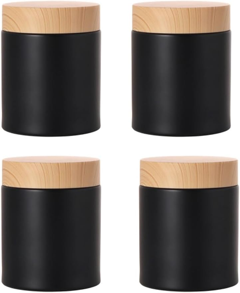 4Pcs 100G Amber Glass Cream Jars - Empty Refillable Cosmetic Containers with Wood Grain Lids for Lotion, Eye Cream, Scrubs, Oils, Salves, Ointments, Rhinestone, Samples, Travel Storage