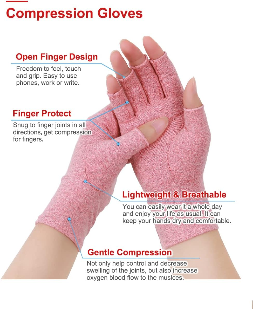 Donfri 2 Pairs Women Arthritis Gloves Pain Compression Gloves Fingerless Gloves Hand Pain Relief Raynauds Typing Sets (M) Medium Pink, Pink, Medio