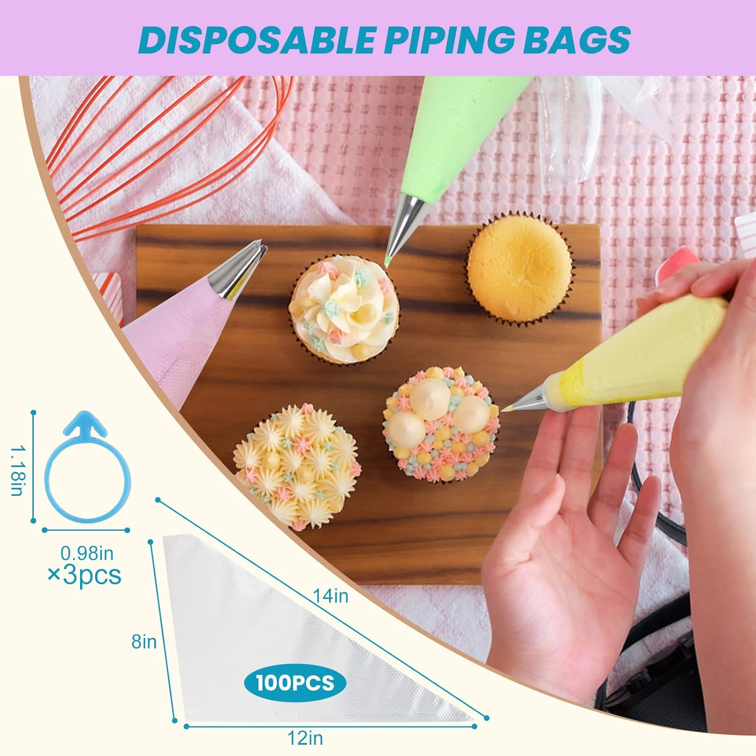 Firstake Piping Bags 100Pcs - 12 Inch Disposable Piping Bags with 3 Icing Bags Ties, Thickened Pastry Bags, Frosting Bags, anti Burst Cake Decorating Bags, Tipless Piping Bags for Cake Decorating image number 3