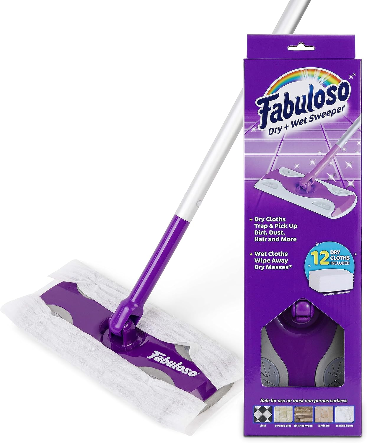 Fabuloso Dry and Wet Sweeper with Bonus 12 Dry Cleaning Pads| Clean Your Floors with Ease | 2-In-1 Sweeping and Light Mopping, Lightweight, Swivel Low-Profile Dust Mop,Purple image number 1