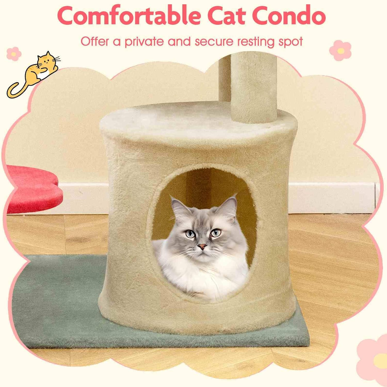 Costway 123 Cm Tall Cat Tree, Multi-Level Aesthetic Floral Kitten Tower W/Flower-Shaped Plush Padded Perch, Condo, Sisal Scratching Posts, Dangling Ball, Indoor Cat Climbing Furniture (123 Cm) image number 6