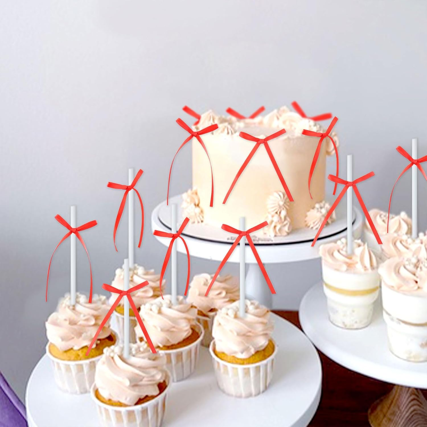 24 Pack Bow Cupcake Toppers Bowknot Pink Purple Blue Yellow Green Mulitycolor Cupcake Picks Bridal Baby Shower Cake Dessert Picks Decoration Baby Girl Birthday Wedding Party Supplies Red - Black Lace image number 7