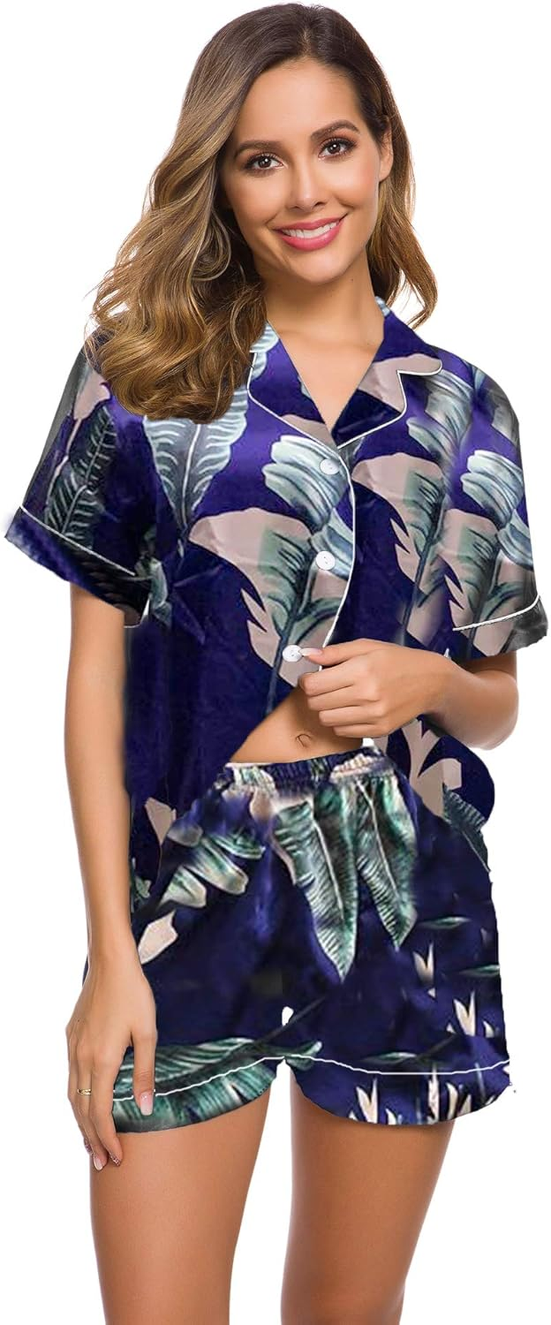 SWOMOG Womens Pajamas Set Silk Satin Sleepwear Short Sleeve Nightwear Button down Pj Loungewear