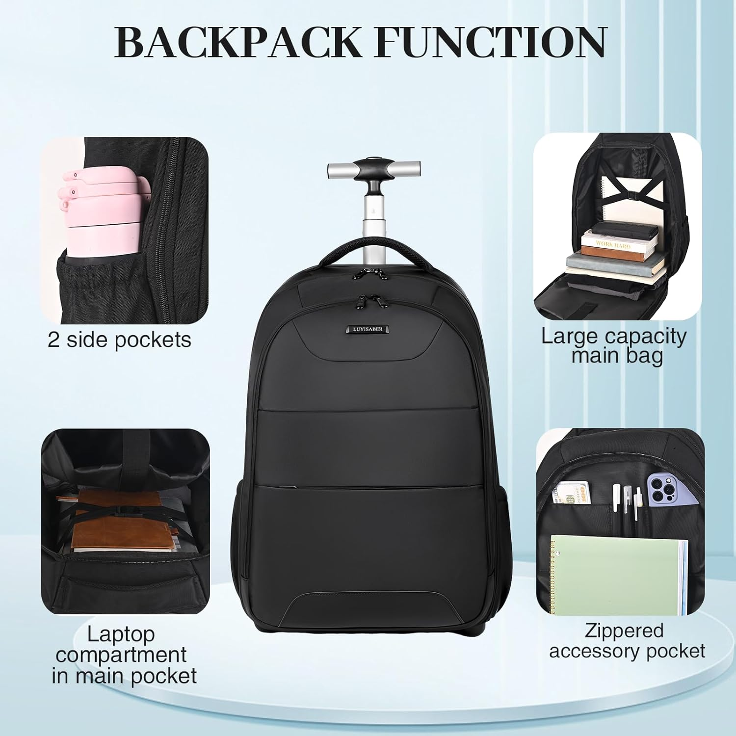 32L Rolling Backpack, Water Resistant Wheeled Backpack, Comfort Casual Durable and Effortlessly to Carry Laptop Books and Documents, Hidden Shoulder Straps for Business Travel image number 6
