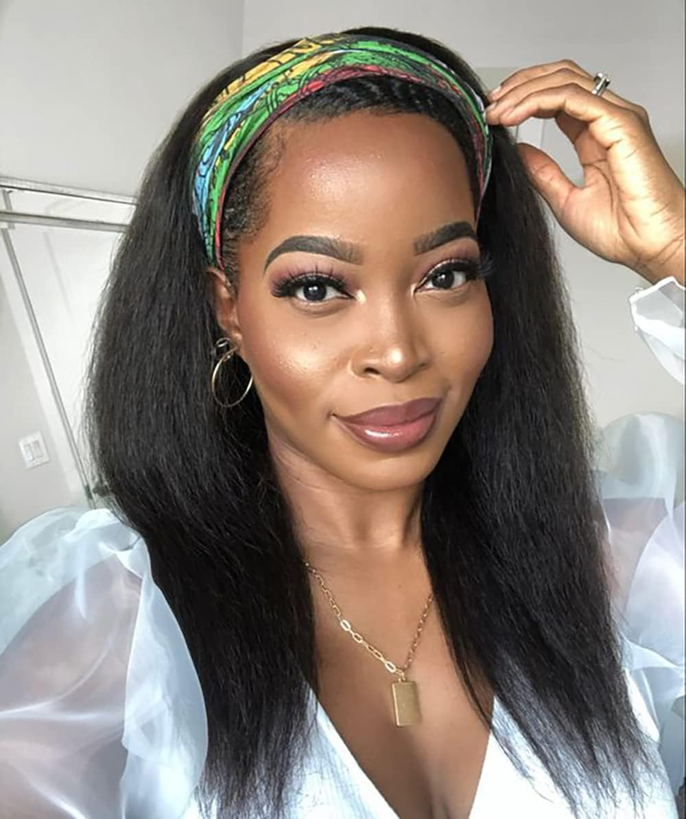 Aminow Kinky Straight Headband Wig, Soft & Natural as Human Hair, Glueless Headband Wigs for Black Women, Long Black Italian Yaki Synthetic Half Wig (1B Natural Black, 16 Inches) image number 2