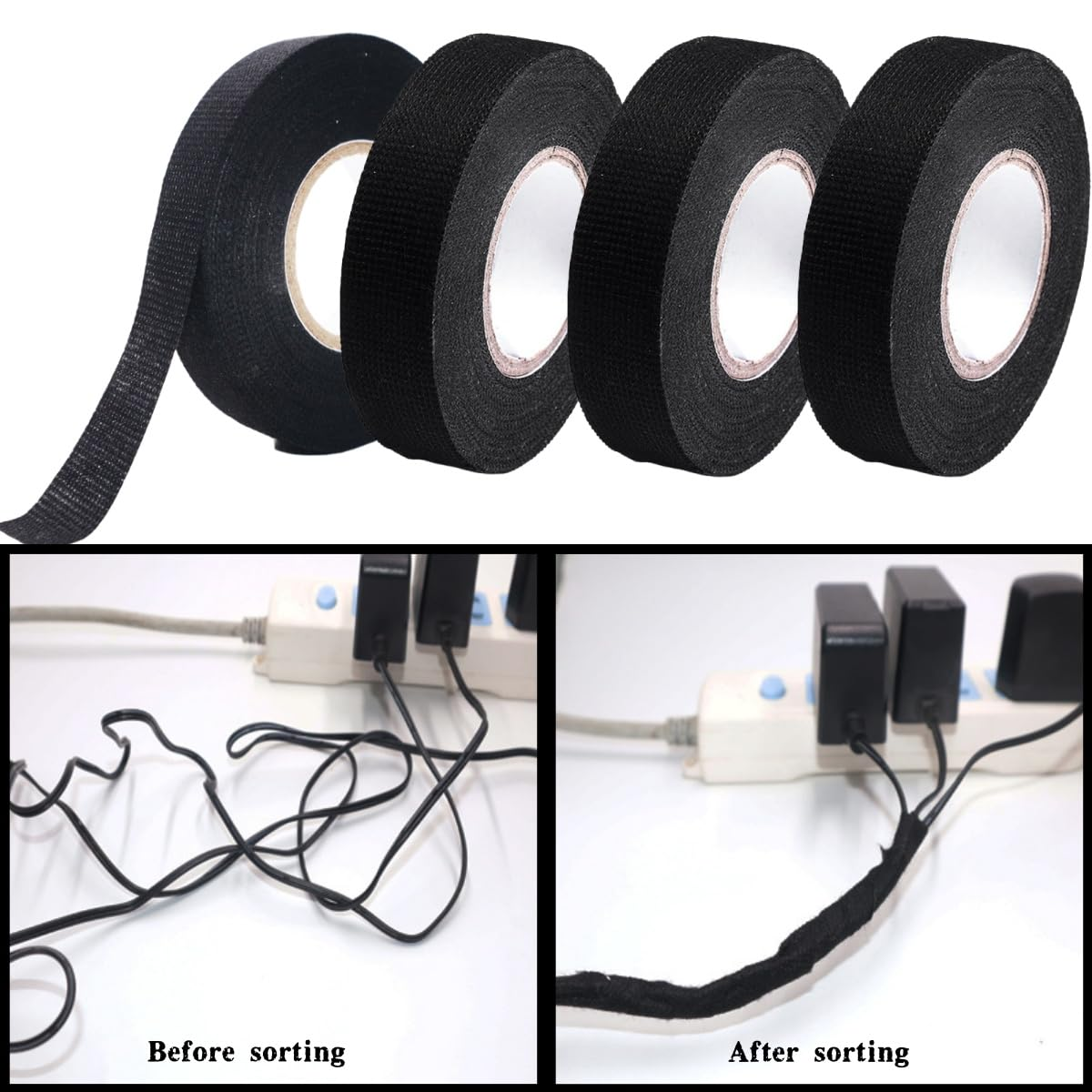 Black Flame-Retardant Fabric Tape, High-Temperature Wire and Cable Loom, 4 Rolls of Sound Insulation, Heat Insulation and Fireproof Tape image number 1
