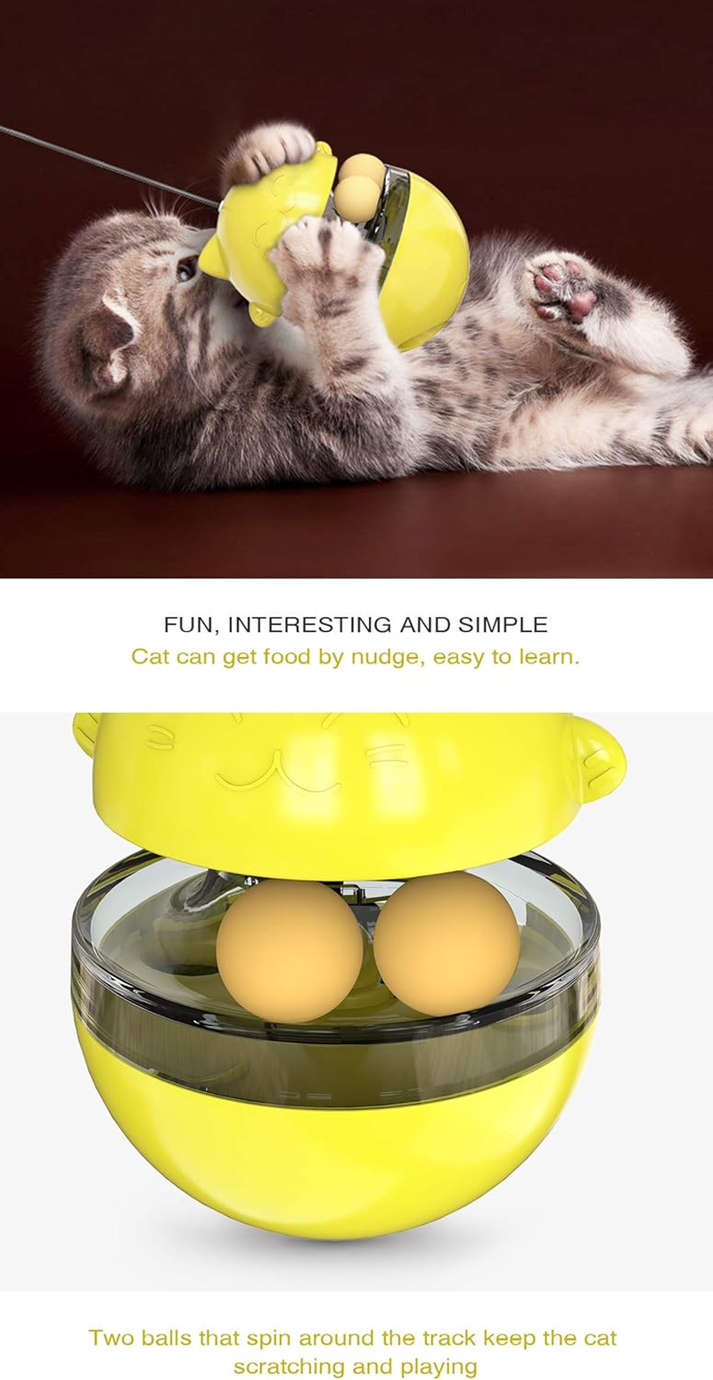 CYBERNOVA Interactive Wobble Cat Toy with a Teaser Wand, Built -In Treat Dispenser/Pet Puzzle Toy/Slow Feeder for Cats and Kitten (Yellow) - Yellow image number 3