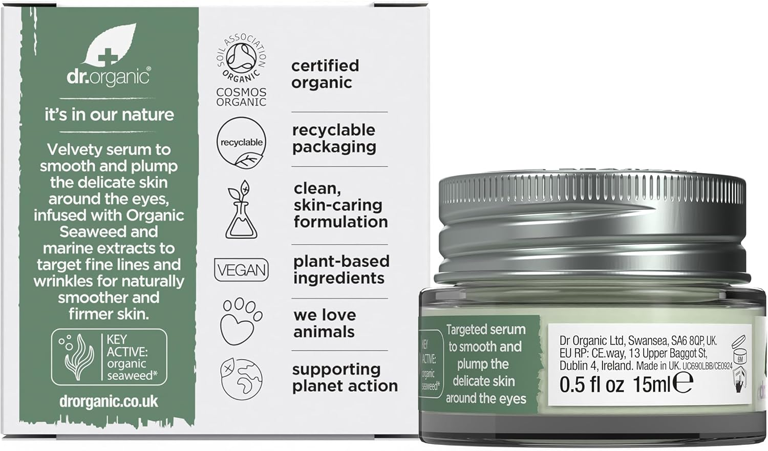 Dr Organic Ageless Eye Contour Serum with Organic Seaweed, New,Moisturising, Fine Lines, Wrinkles, Natural, Vegan, Cruelty-Free, Paraben & Sls-Free, Recycle &Recyclable, Certified Organic, 15Ml image number 1