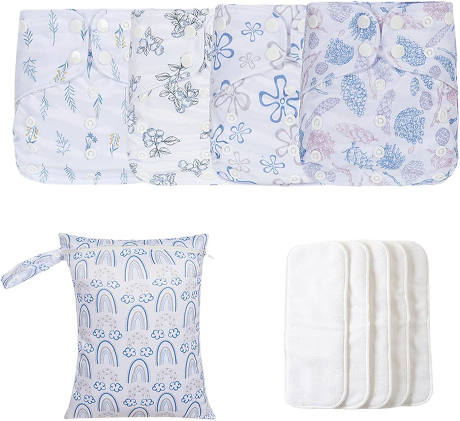 Reusable Cloth Diapers - Adjustable Washable Baby Diapers, 4X Leakproof Covers | Breathable Absorbent Liners, Includes 4 Inserts & 1 Wet Bag, Stain-Resistant Nappy for Infant Potty Training