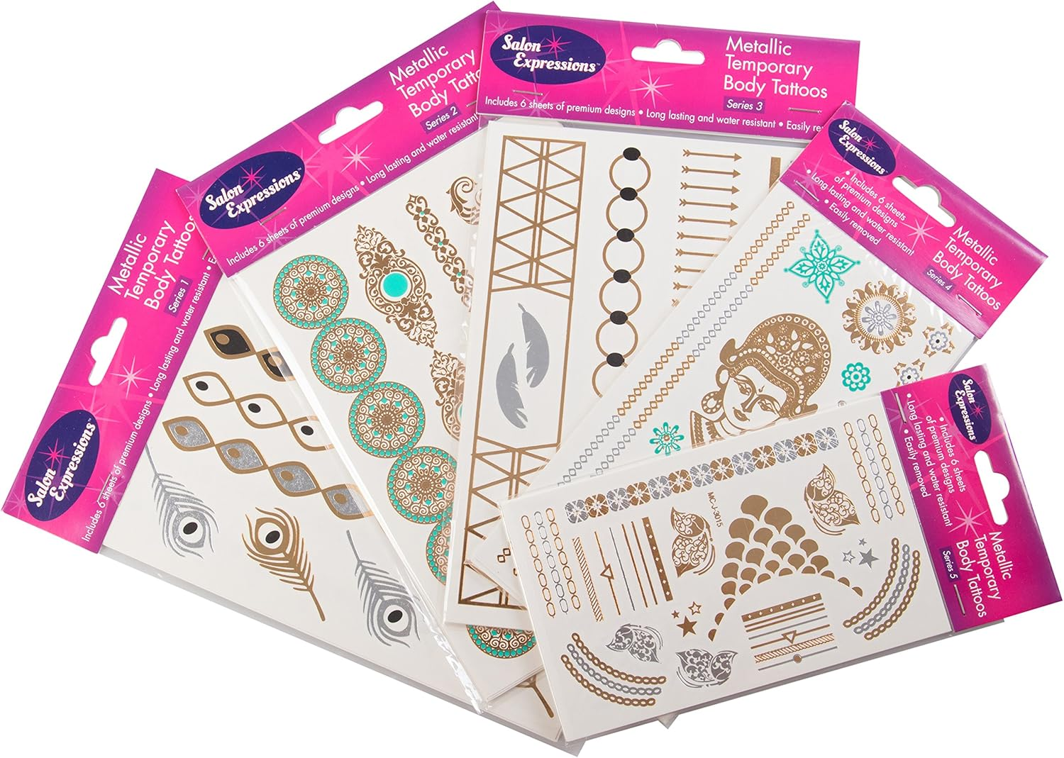 Metallic Temporary Tattoos- Six Sheets of Gold and Silver Long Lasting Flash Fashion Designs Series 5 Series 5 image number 4