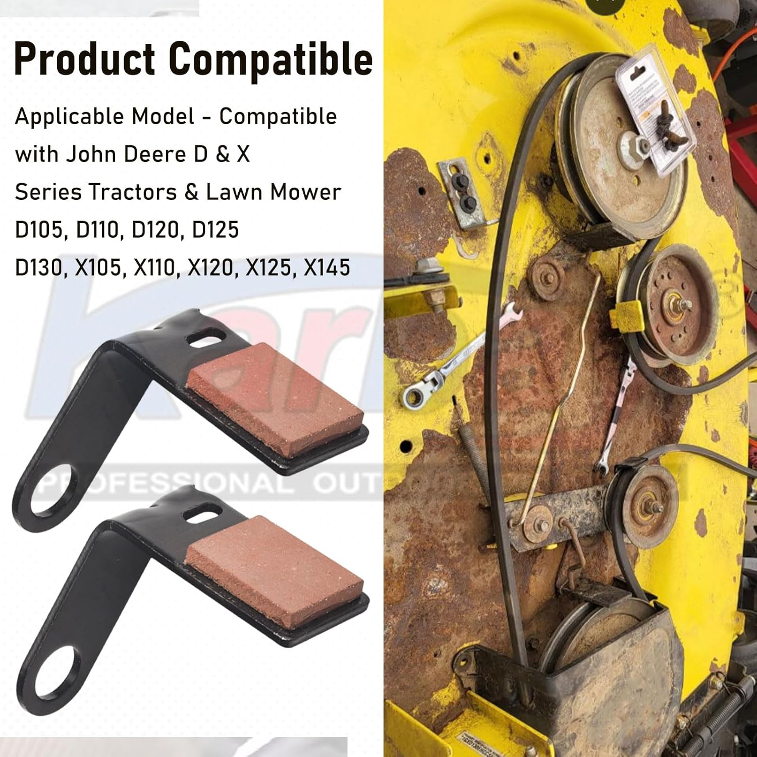 Karbay 2 Set Brake Pad Kit GY21943B GX20494 GX20515 for J-Ohn Deere 42'' L, D, X Series 100 105 115 100 110 120 125 130 Tractors & Lawn Mower - with Retainer & Torsion Spring BLACK image number 5