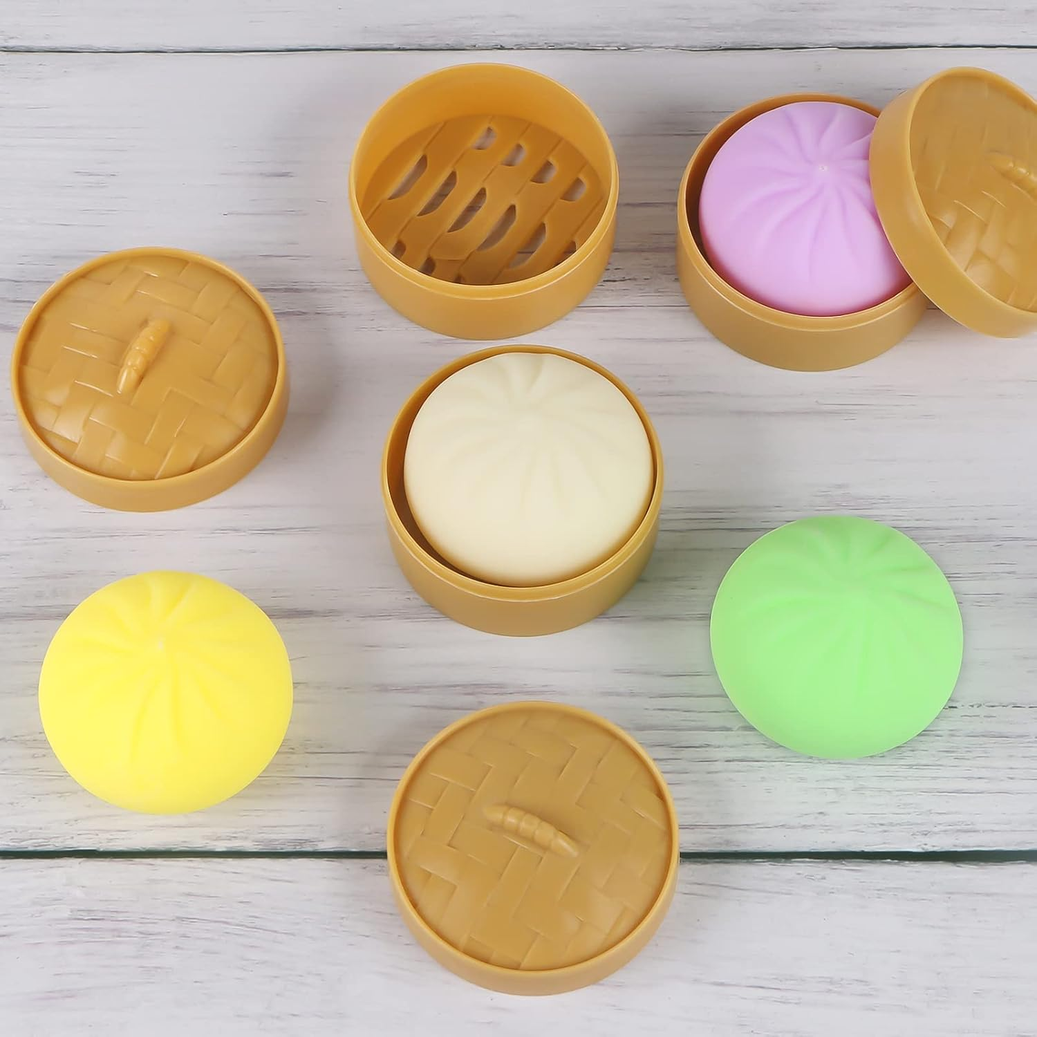 4 PCS Colorful Dumpling Squishy Stress Balls Fidget Sensory Toys,Simulation Food Squishies Bun with Little Steamer Squeeze Dough Ball Stress Relief Hand Toy,Anti-Anxiety Stretchy Toy for Kids Adult image number 1