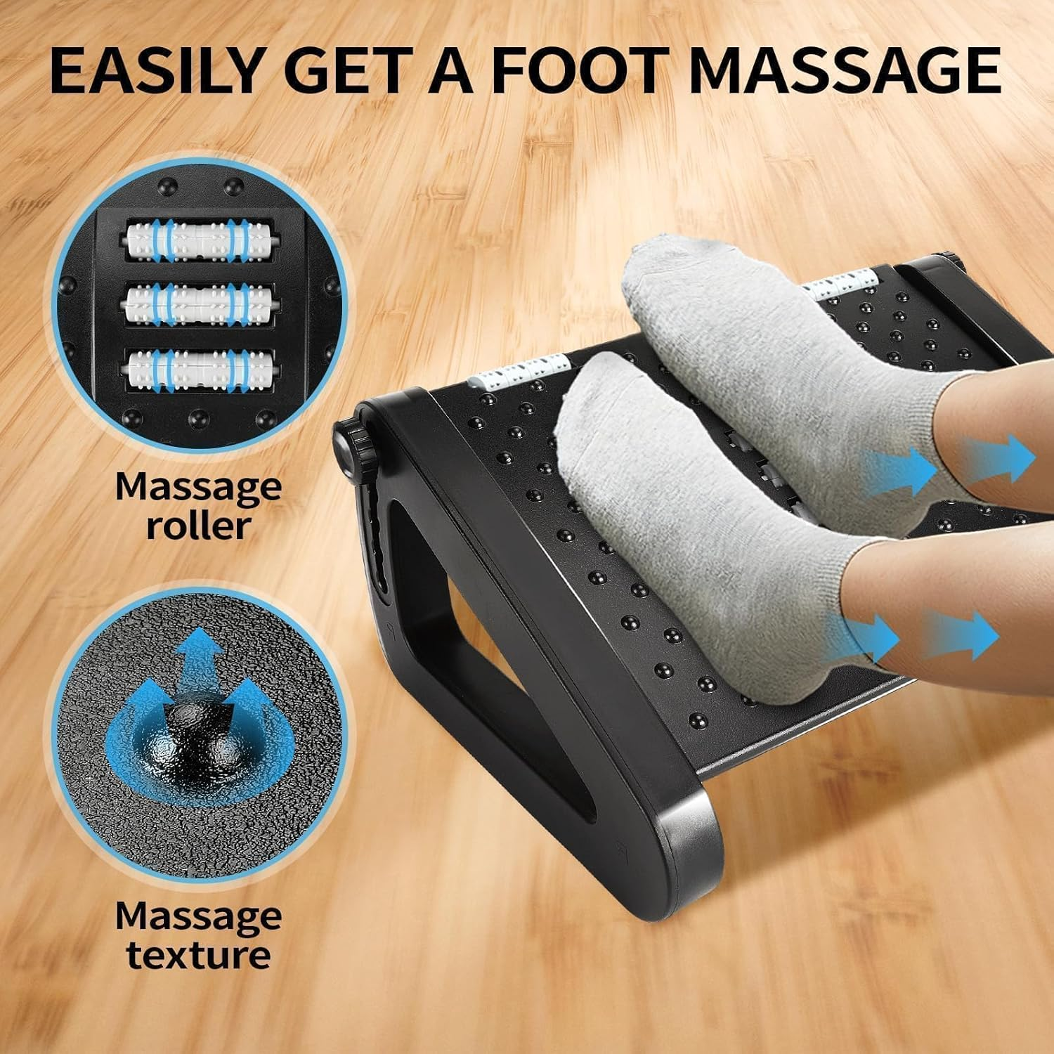 Under Desk Foot Rest, Six Height Adjustable Ergonomic Footstool under Desk with Foot Massage Roller, Suitable for Office, Home Leg Rest Footrest (Black) image number 4