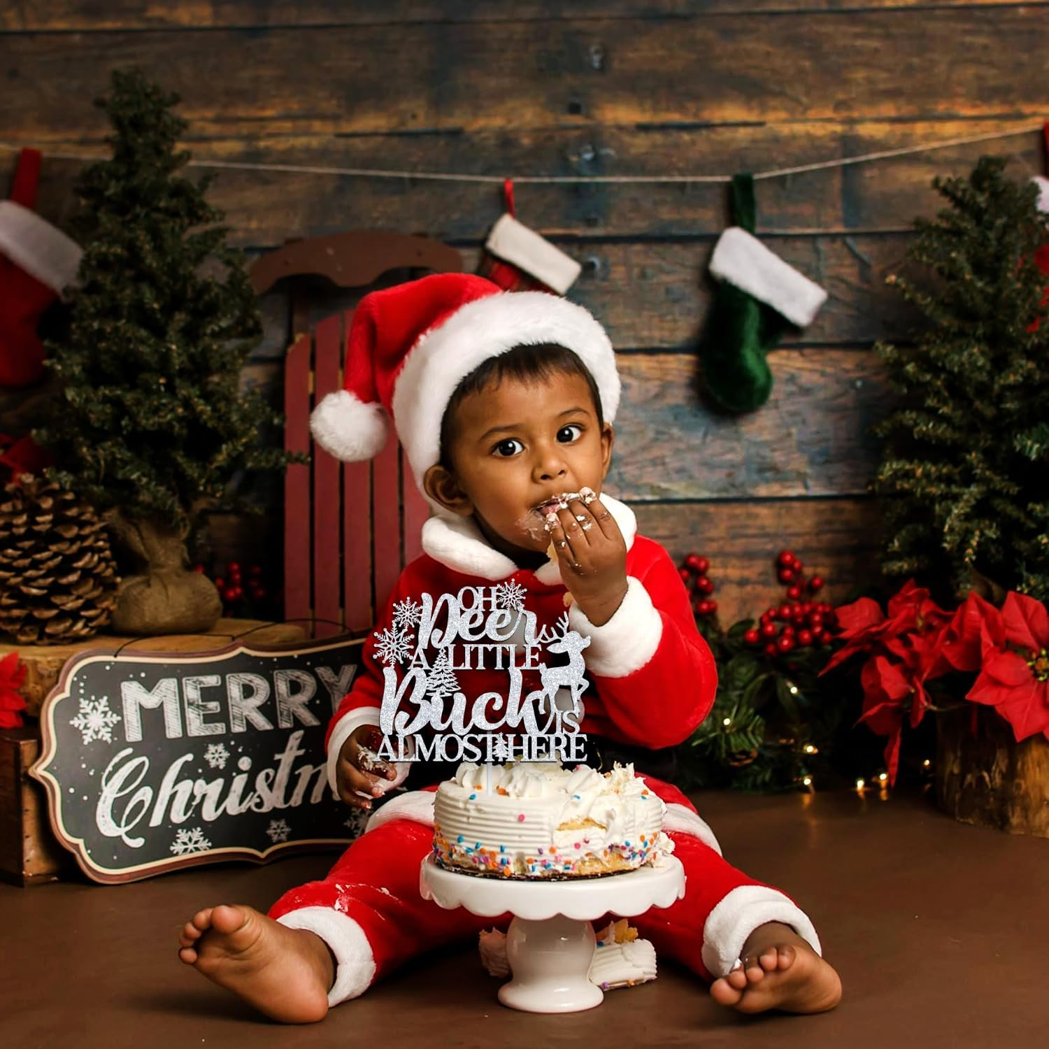 Oh Deer, a Little Buck Is Almost Here Cake Topper, Welcome Baby/We Can Bearly Wait, Winter Christmas Themed Pregnancy/Baby Shower/Gender Reveal Party Decorations Supplies, Sliver Glitter image number 1