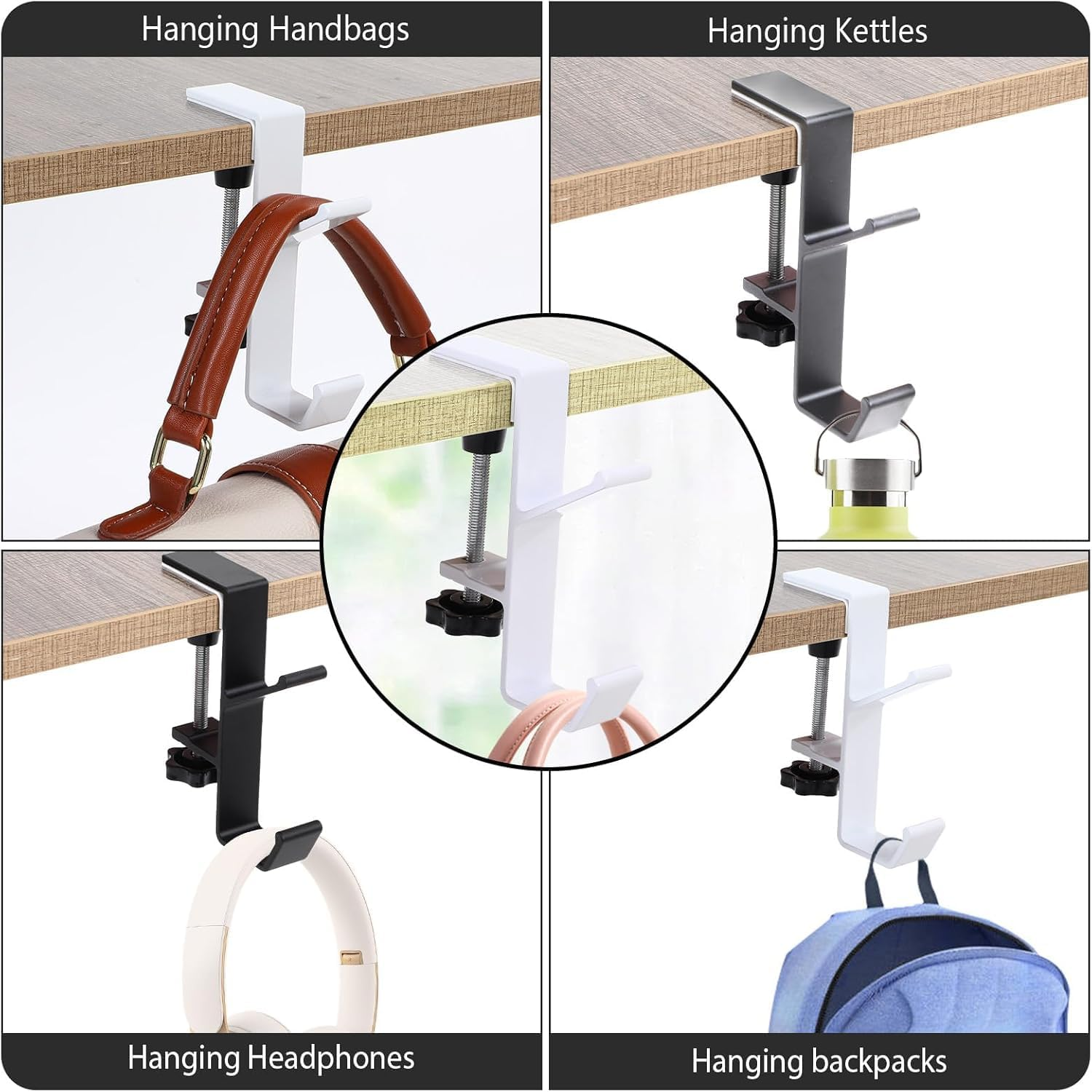 Desk Mount Bag Holder Hook Clamp, 2Pcs Clamp-On under Desk Backpack Hanger, Desk Mount Bag Holder Hook Clamp on Backpack Hanger with Adjustable Arm Clamp, Reduce Desktop Clutter,Double Hanger, White - White, Double Hanger image number 6