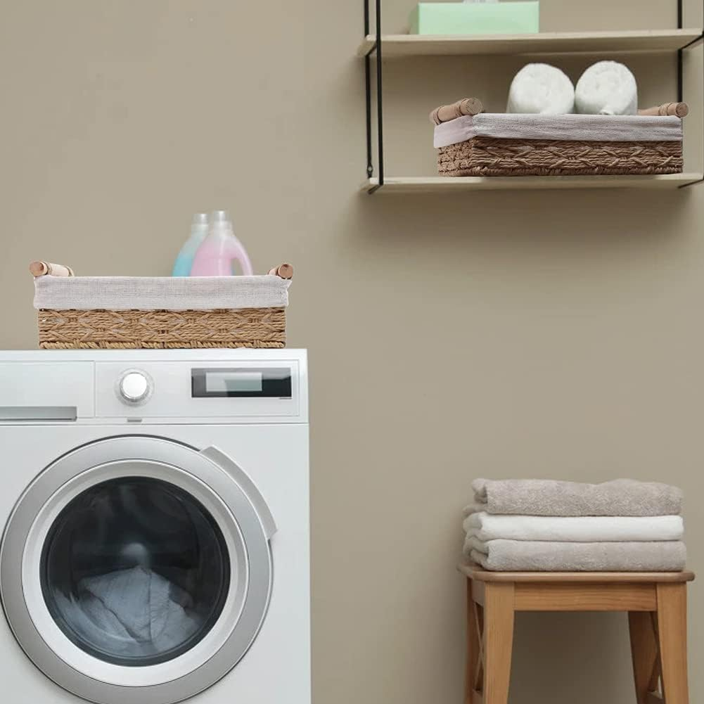 MZDMY Storage Basket,Storage Organiser, Toilet Paper Basket, Countertop Decoration Box, Wicker Basket for Home Decoration and Bathroom Organization with Handles 2-Piece Set (Beige) image number 6