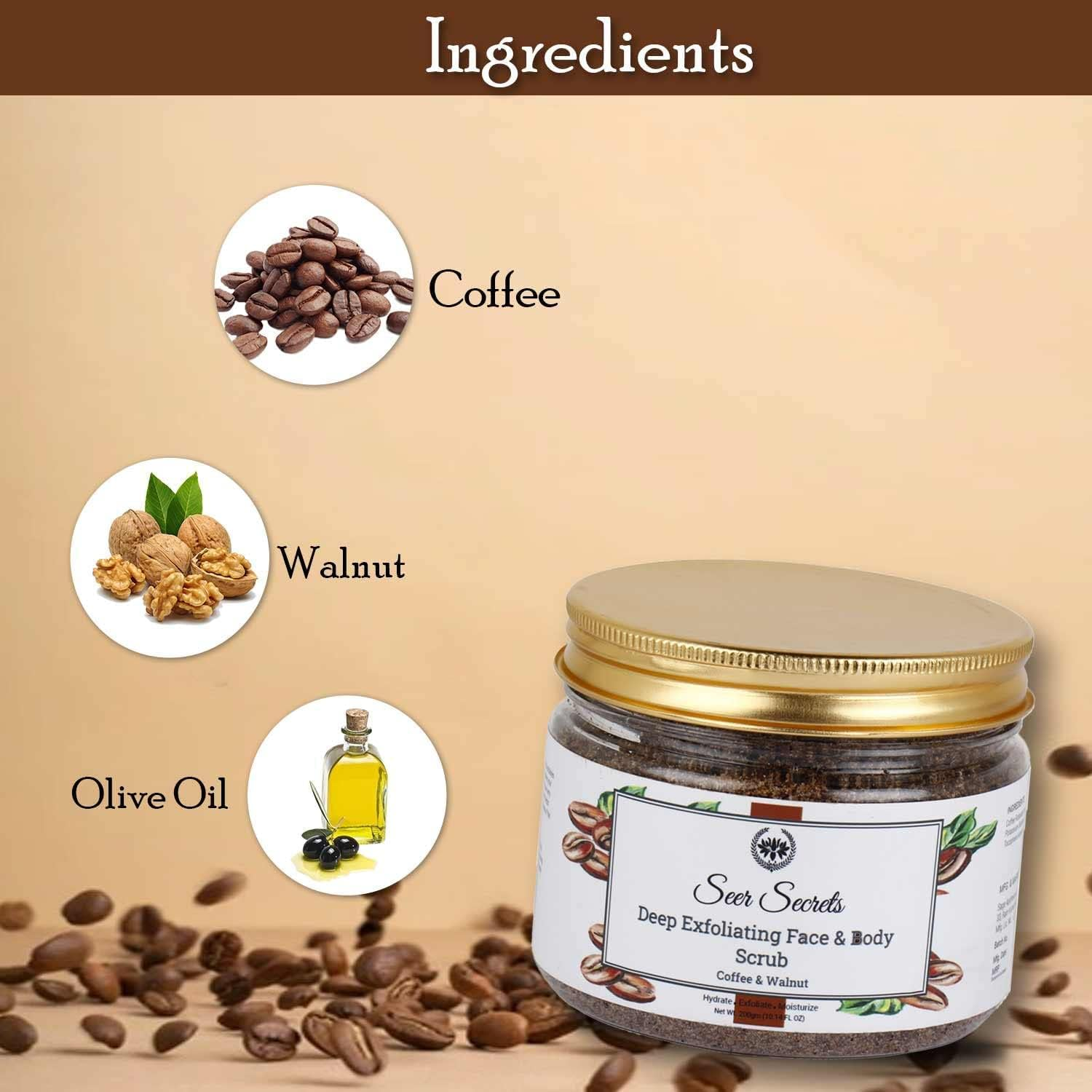Seer Secrets Deep Exfoliating Body & Face Scrub, Coffee & Walnut Scrub, All Skin, 200 Gm