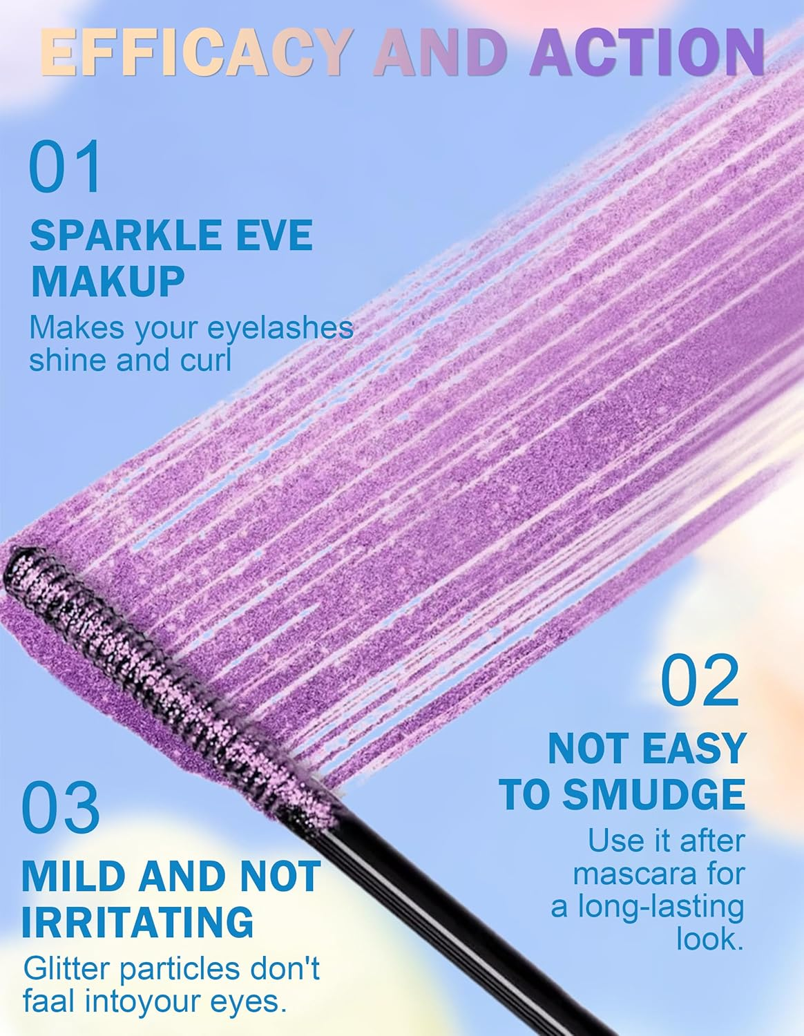 Erinde Glitter Sparkle Mascara, Gold Shimmer Lash Mascara for Lengthening & Defining Lashes, Lightweight Buildable Glitter Mascaras, Long Wearing Lash Makeup for Party Festival Daily Eye Look #02 image number 3