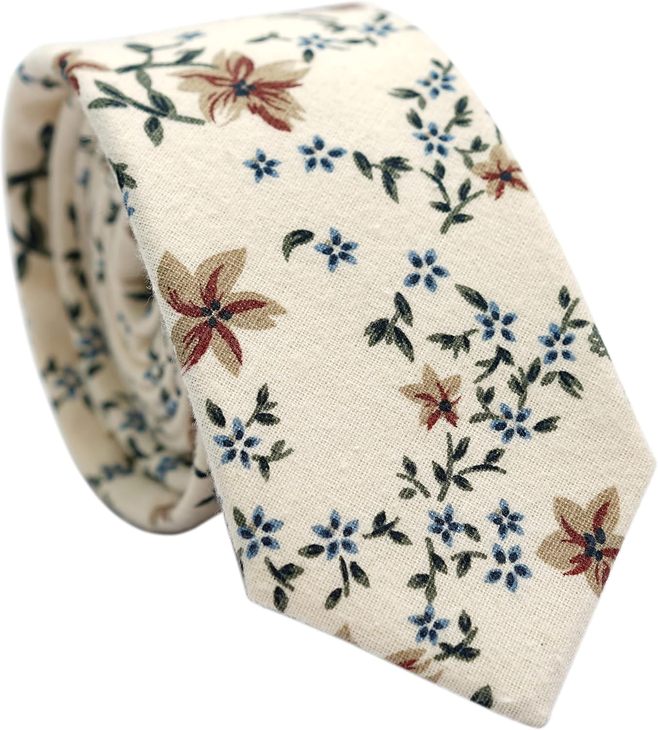 BELLUNO Floral Skinny Tie for Men, Print Flower Necktie for Wedding, Groomsmen, Missions, Dances, Cotton Slim Tie + Gift Box