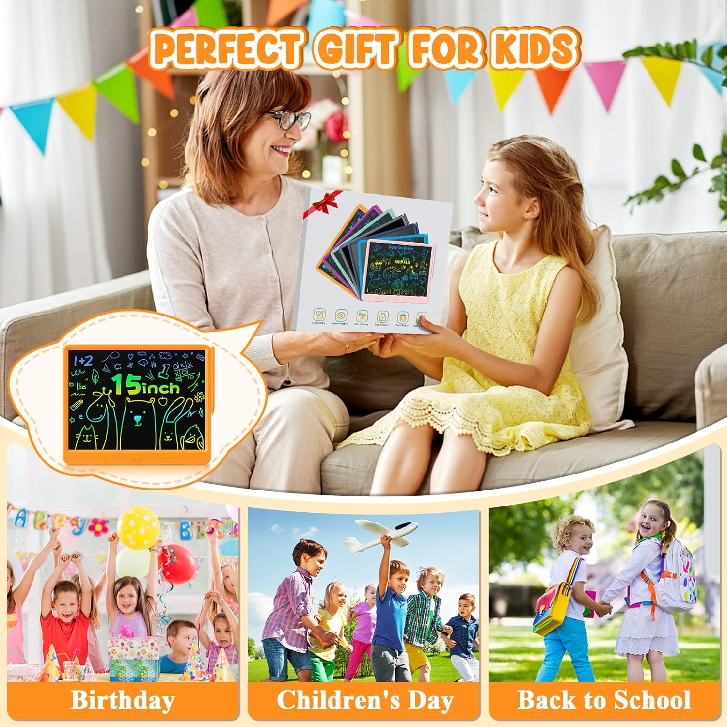 Wicue LCD Writing Tablet for Kids Drawing Board, Colorful Drawing Pads 15In Electronic Drawing Tablet, Educational Toys for 3 4 5 6 7 8 Years Old Kids Toddler (Orange) image number 2