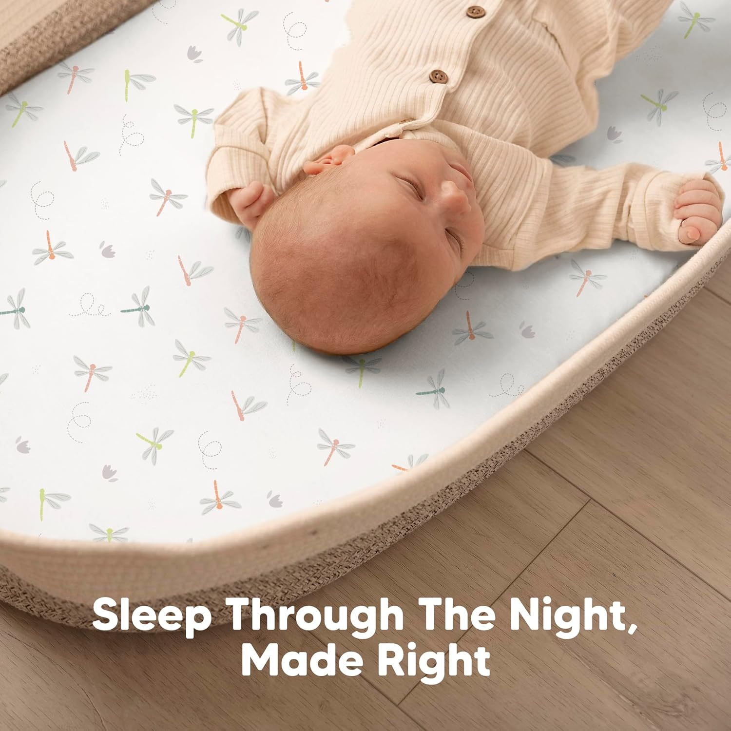 2-Pack Baby Bassinet Sheets Girl, Boy - Soft Bamboo Fitted Cot Sheets Compatible with Halo Bassinest Swivel Sleeper, Baby Delight Bedside Cot Mattress Sheet, Bassinet Fitted Sheets (Meadow) - Soft White image number 5