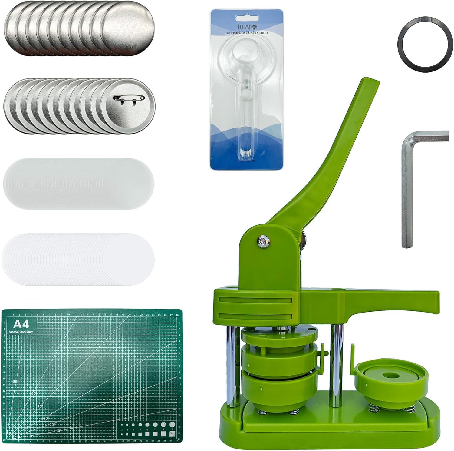 Virellisee Button Maker Machine 58Mm (2.25 In) Installation-Free DIY Button Pin Maker Machine,Green Button Press Machine with Free100 Sets 58Mm Button Maker Supplies&Circle Cutter